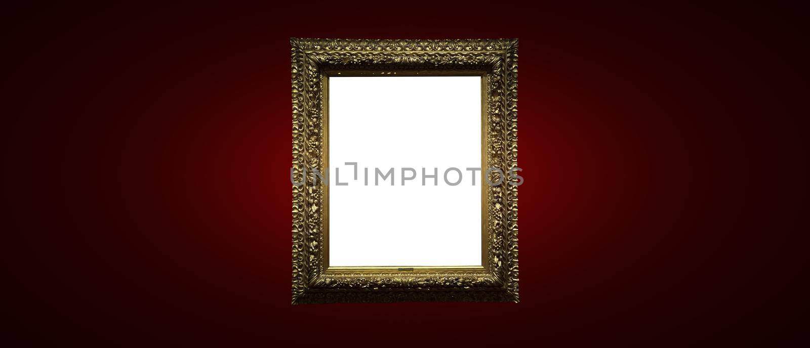 Antique art fair gallery frame on royal red wall at auction house or museum exhibition, blank template with empty white copyspace for mockup design, artwork concept