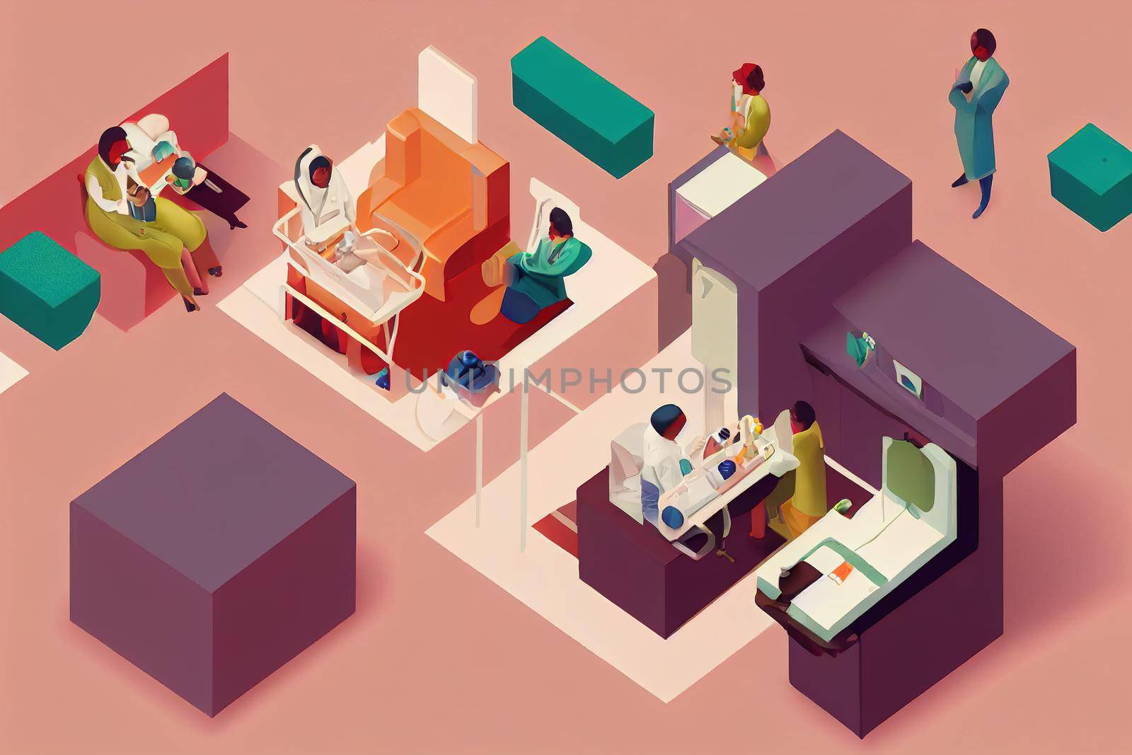 People receive online consultation with doctor, make appointment at clinic reception, receive therapy in ward, treatment and healthcare. High quality 3d illustration