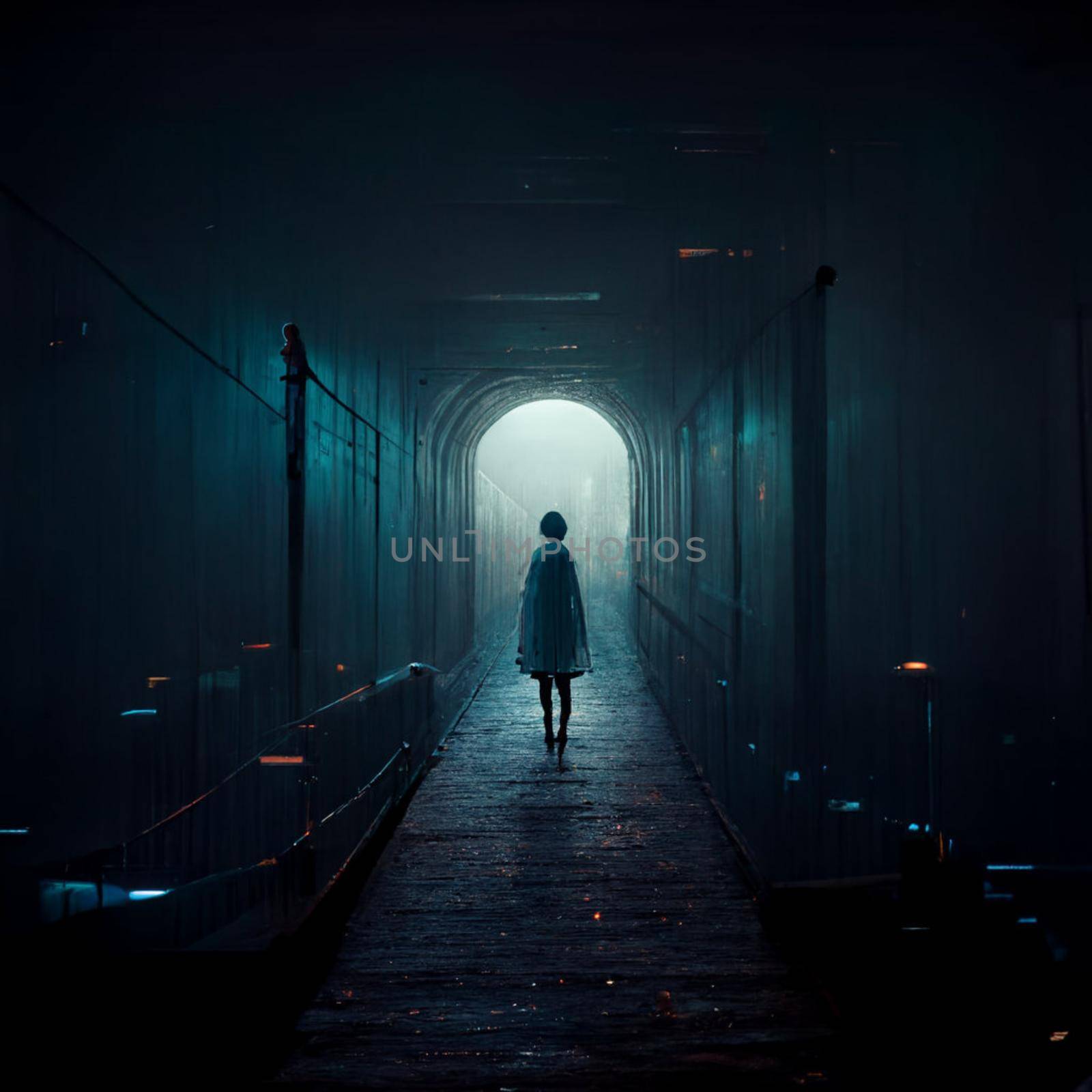 Night view with girl in Tunnel. mysterious underground passage with dim lighting