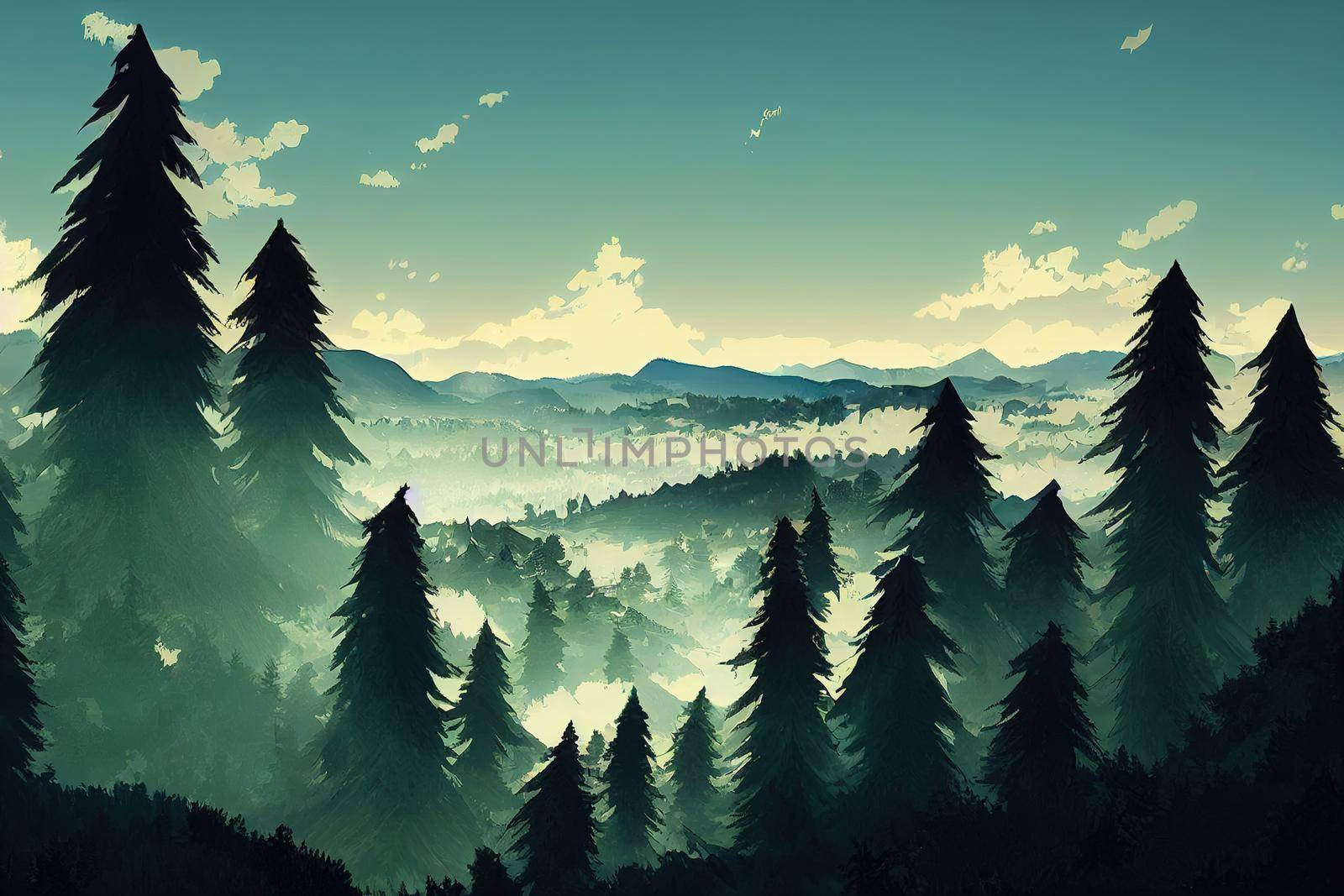 anime style Pine Forest Mountain Panorama by 2ragon