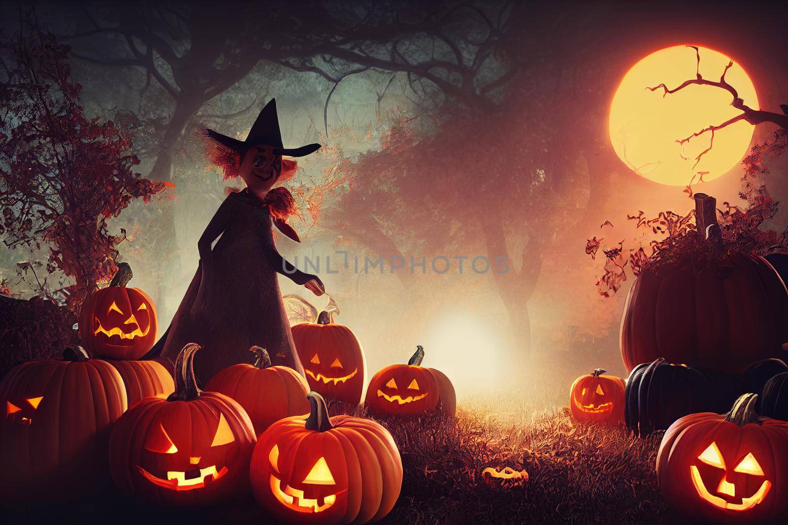 halloween atmosphere , a lot of scary smiling pumpkins with witch in dark spooky forest. High quality 3d illustration