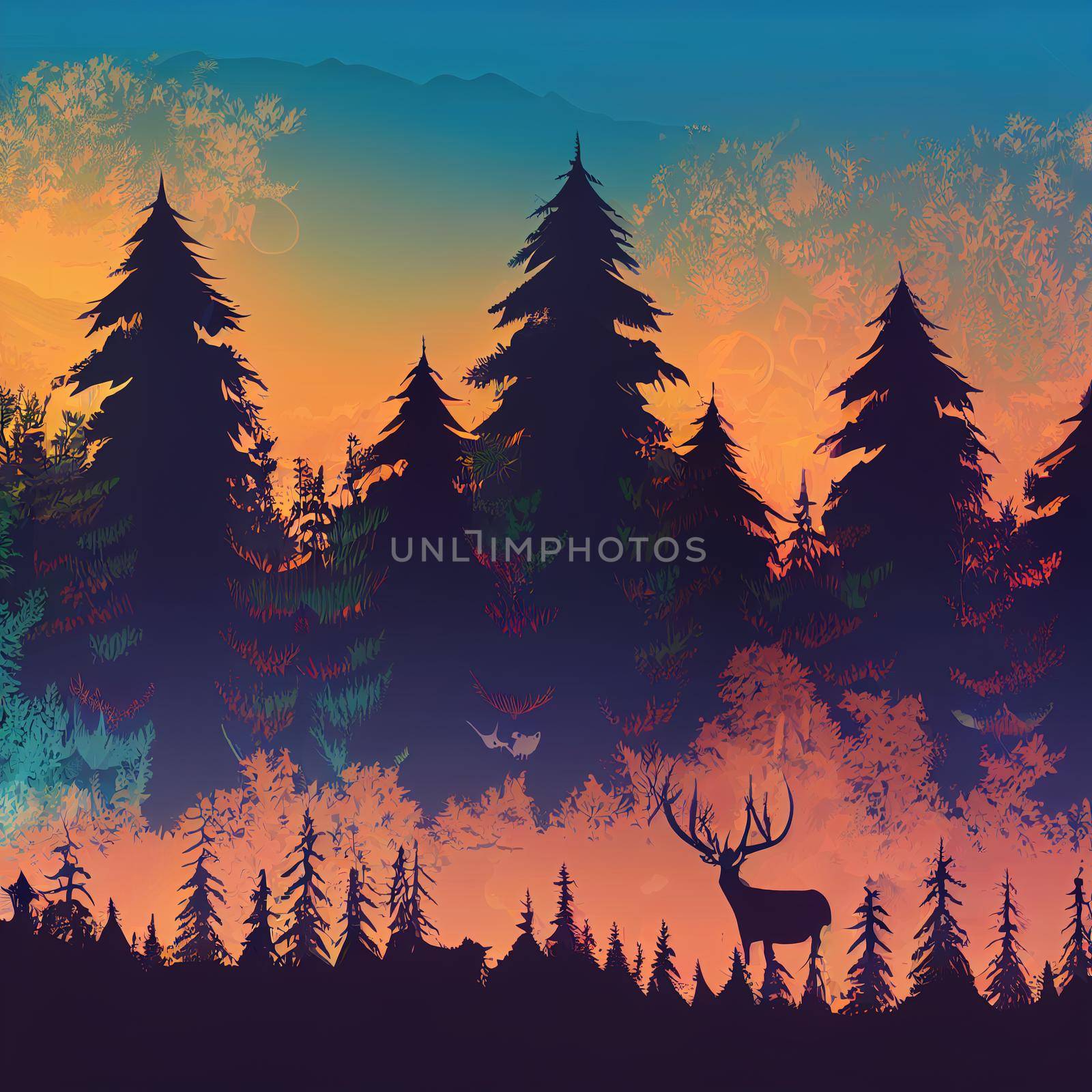 Natural forest mountains horizon trees, deers, Sunrise and sunset by 2ragon