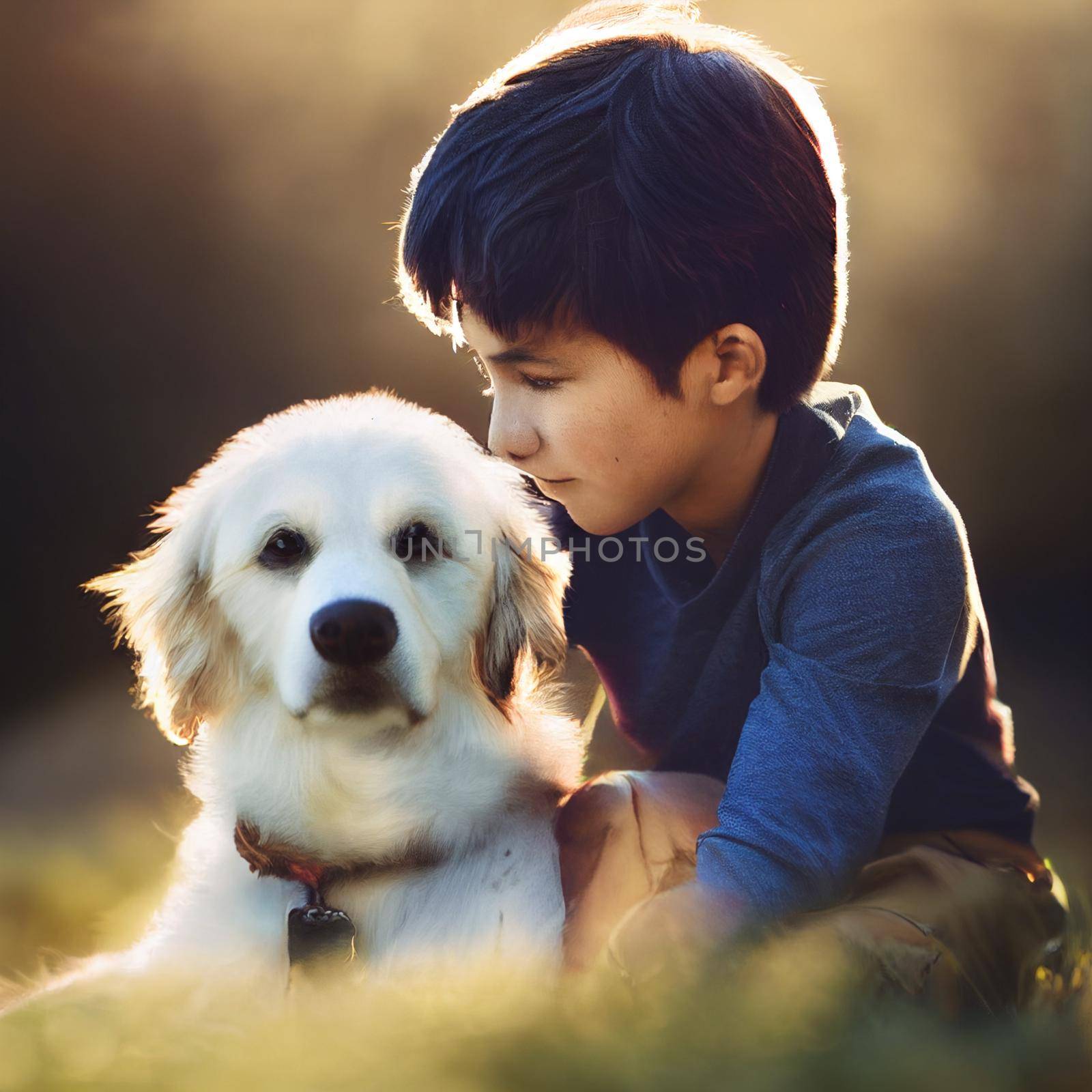 Illustration of a child and white puppy