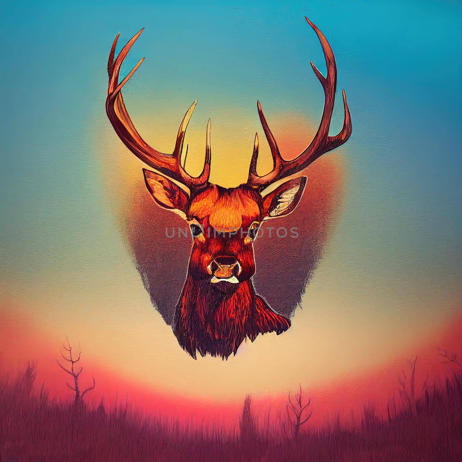 Colorful illustration portrait of beautiful red deer stag in forest at sunrise by 2ragon