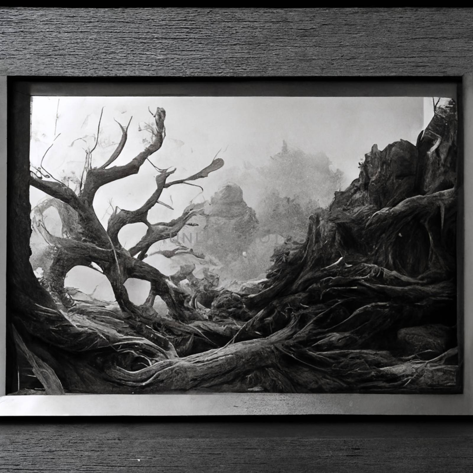 Illustration of a Black and white pencil painting of a dried tree in the mountains