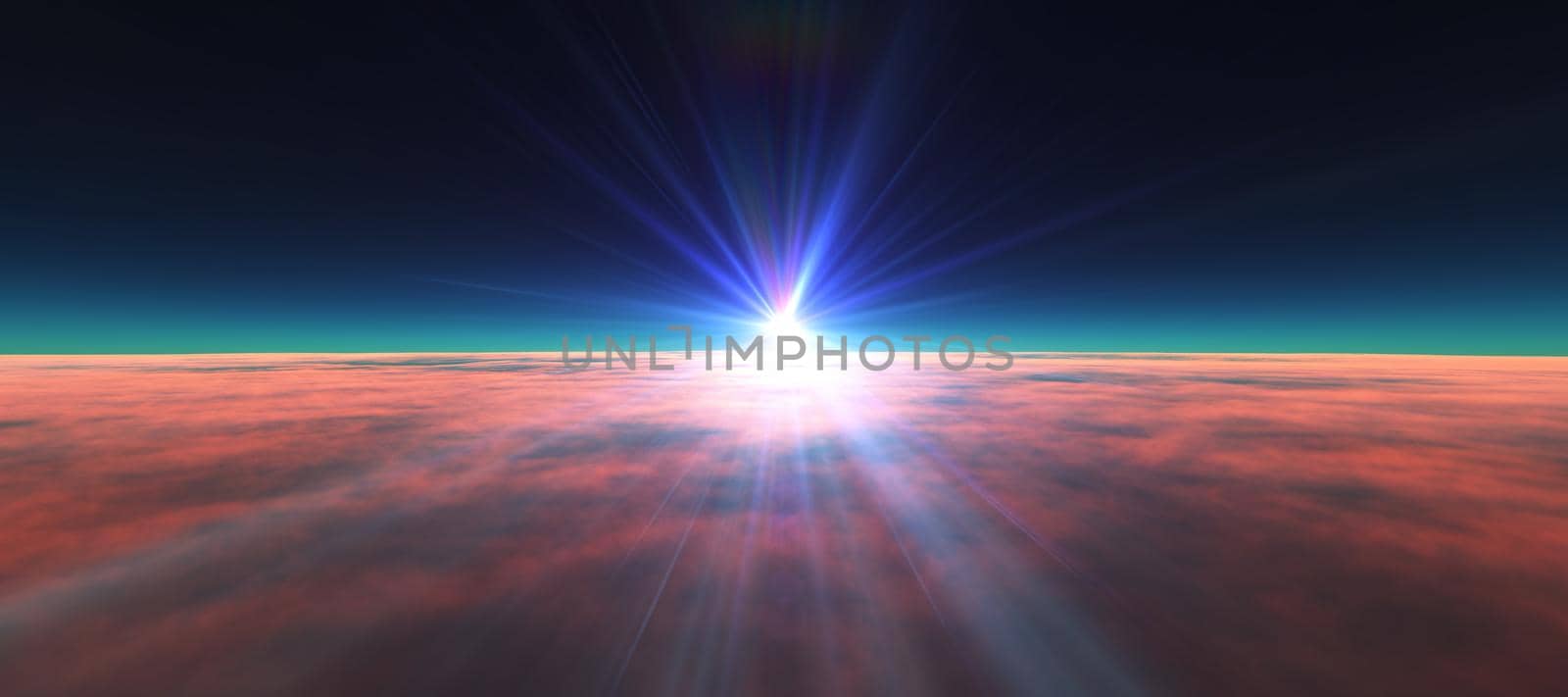 above clouds fly sunset sun ray illustration, 3d render