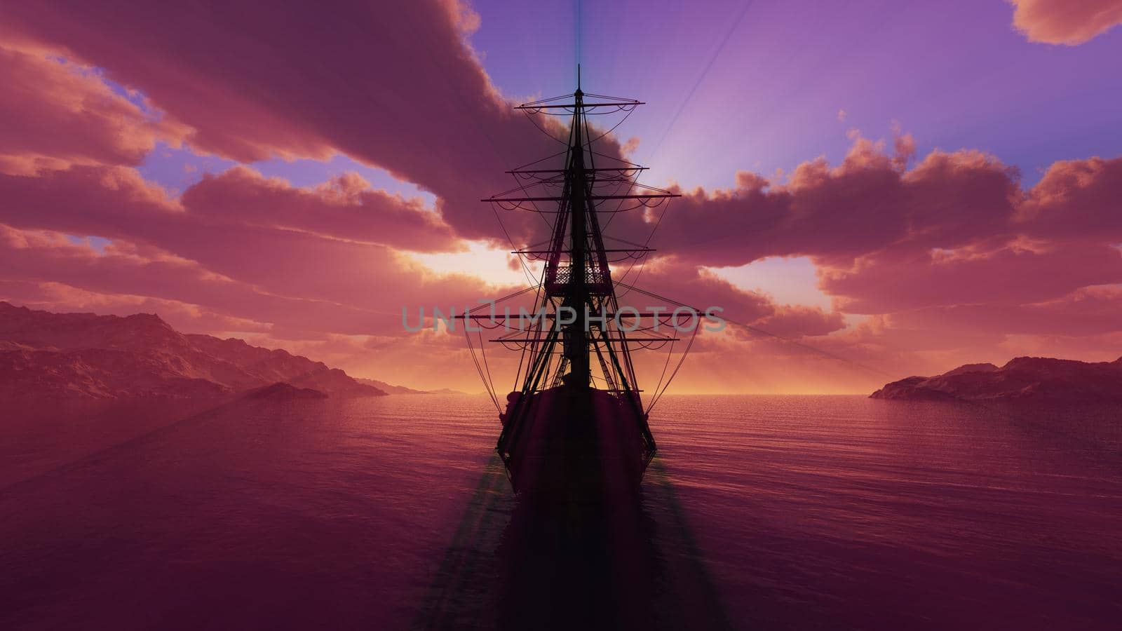 old ship sunset at sea 3d rendering by alex_nako