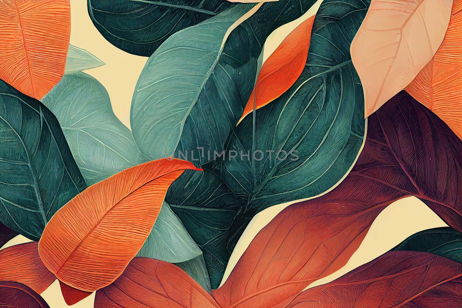 pattern with colorful exotic leaves. Abstract forms, textures, monstera, palm leaves