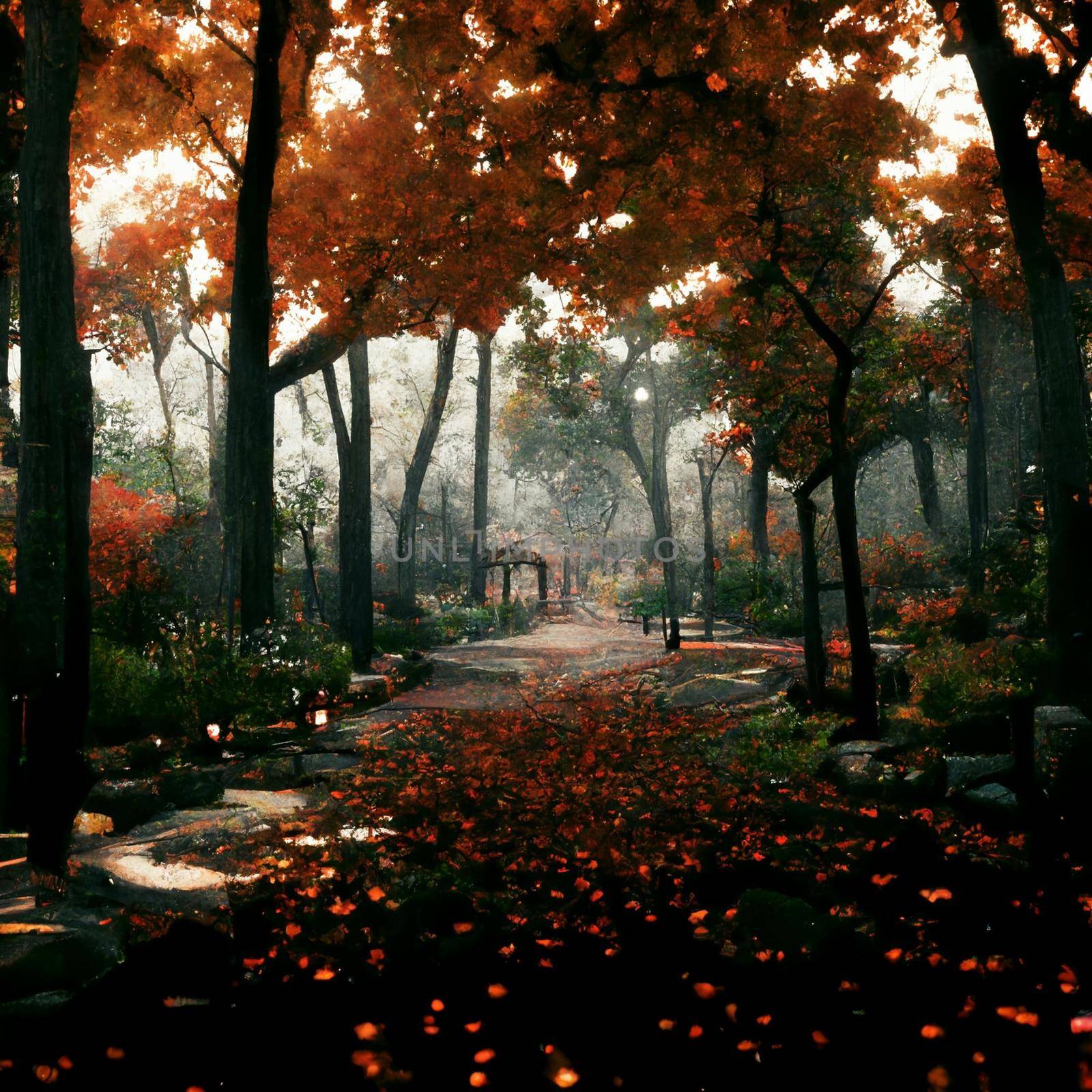 Photorealistic image of an autumn park with falling leaves. High quality illustration