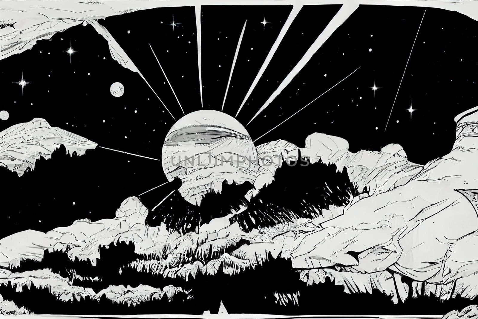 black and white ink pen line art comics or manga style environment background. High quality 3d illustration