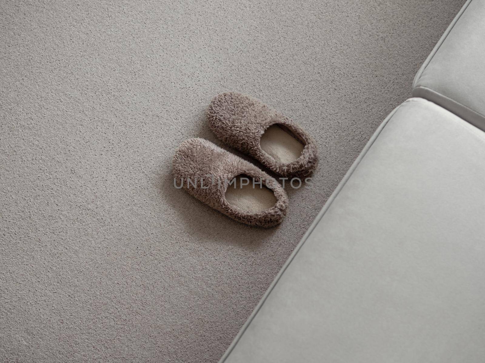 Soft fur warm slippers on carpet near sofa in simple scandinavian home. Pair of trendy fashion brown warm slippers on floor, copy space, top view