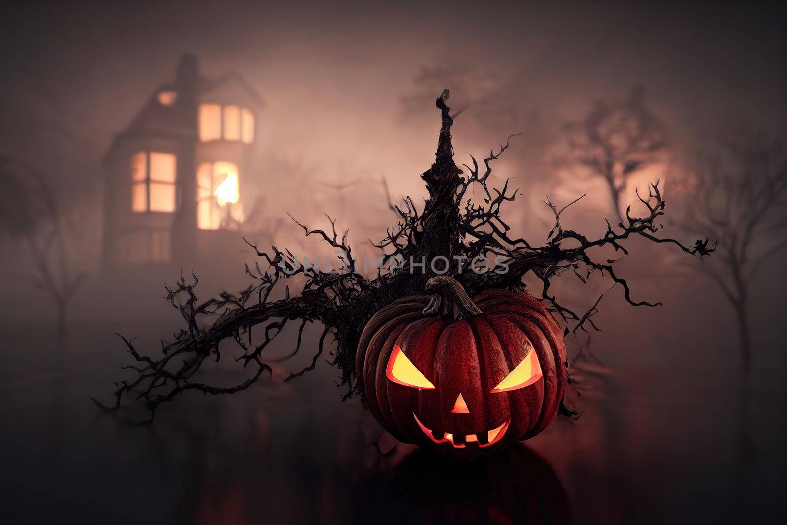 Halloween evil pumpkin in dark night. High quality 3d illustration