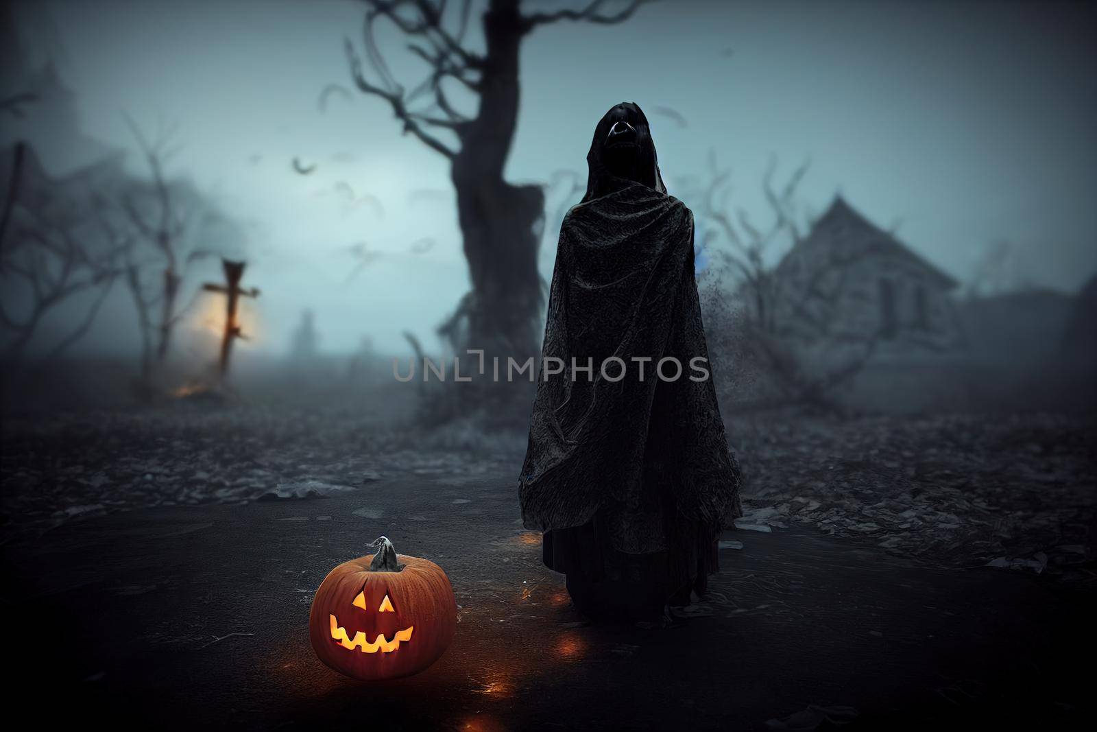 scary halloween pumpkin with scary witch. High quality 3d illustration