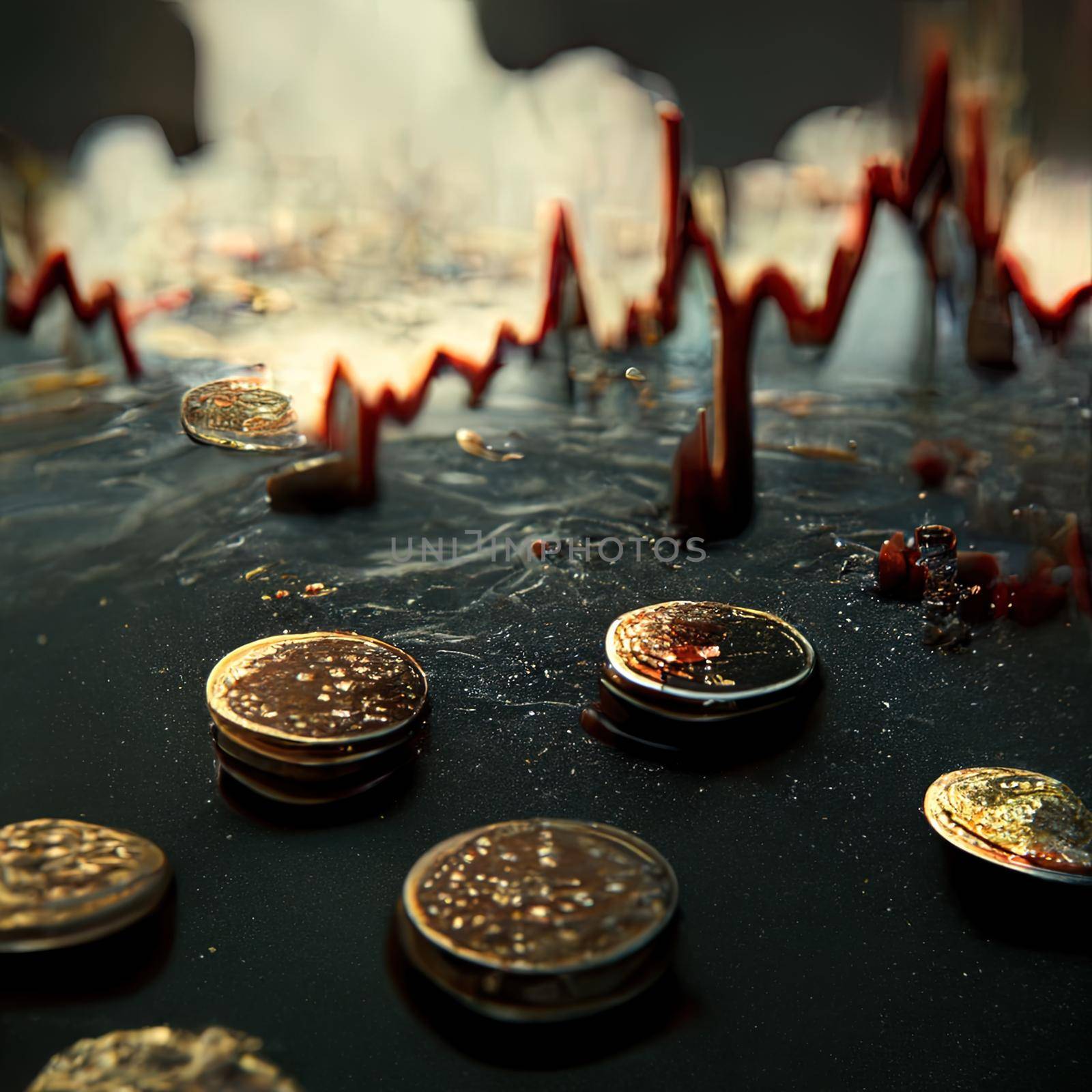 Financial economic crisis. Coins with economic graph chart falling, 3d render by 2ragon