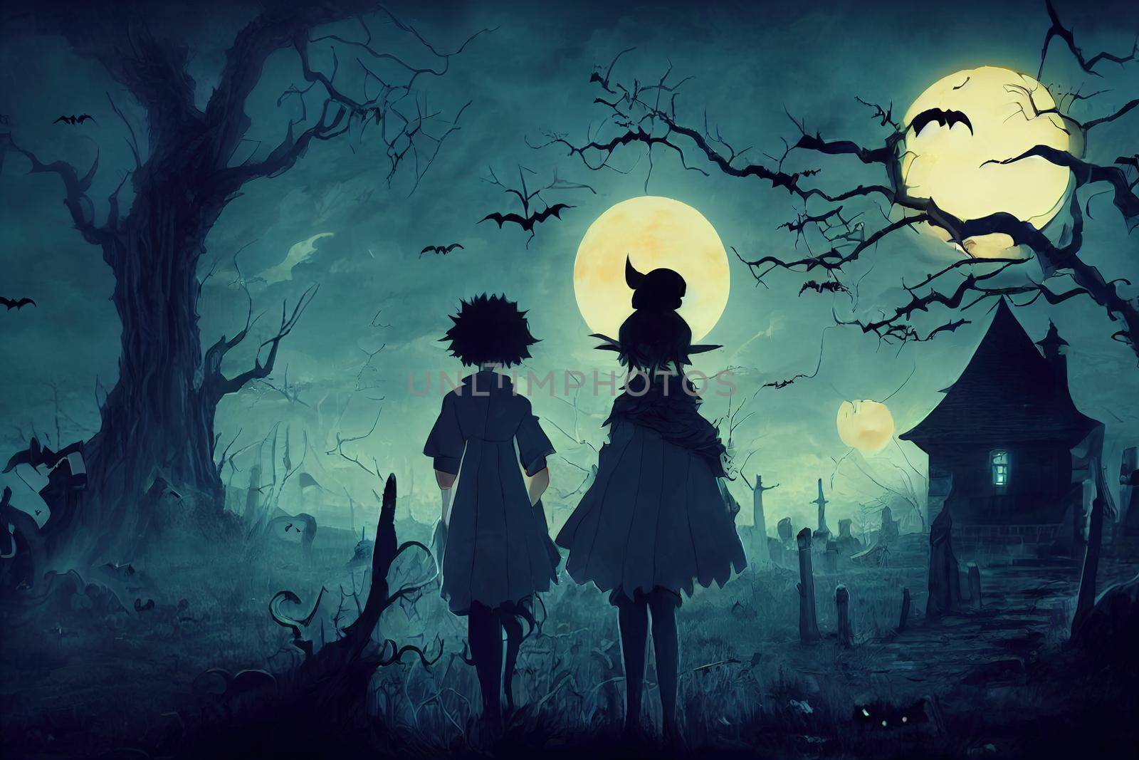 male and female anime 2d characters in dark halloween night. High quality 3d illustration