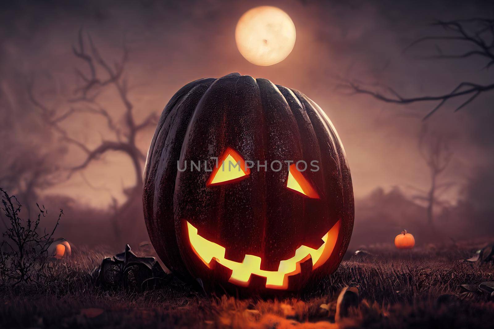 scary halloween pumpkin in night. High quality 3d illustration