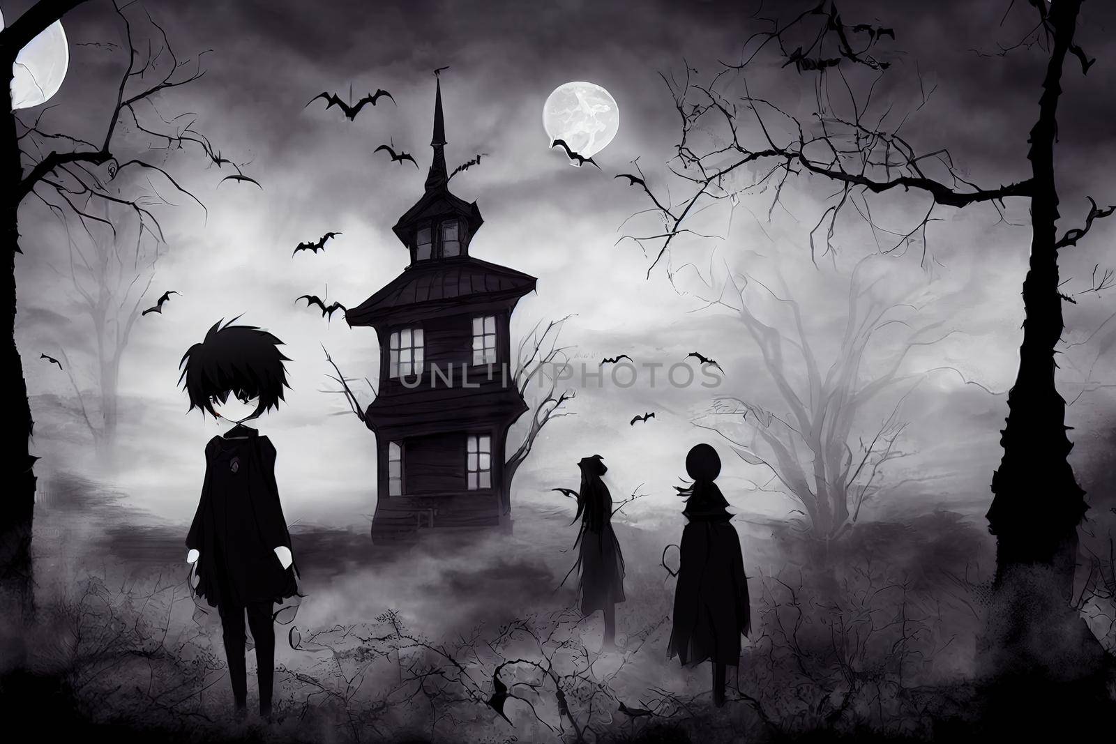 black and white anime like illustration of halloween spooky anime characters by 2ragon