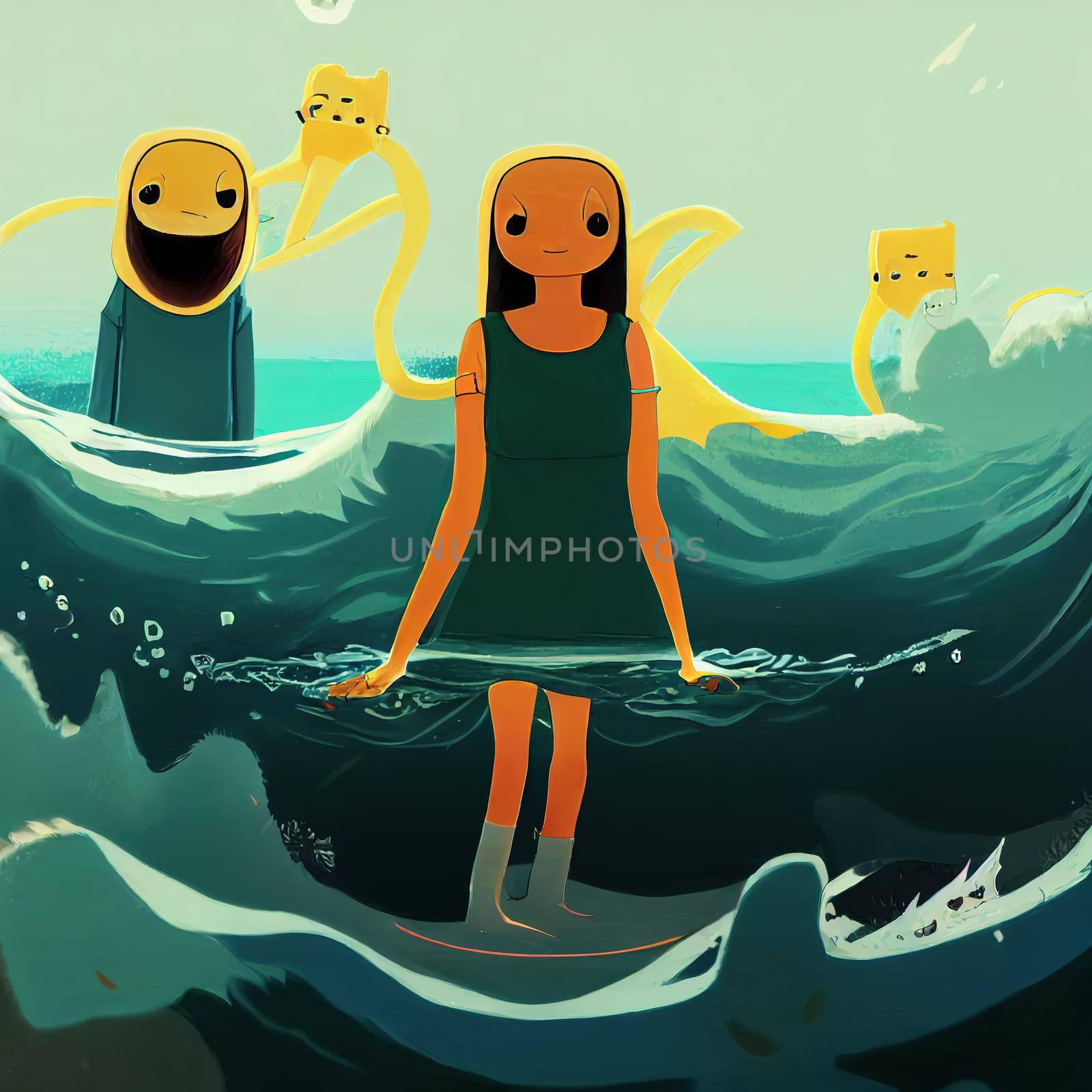 toon style girl and boy characters in sea water. High quality 3d illustration