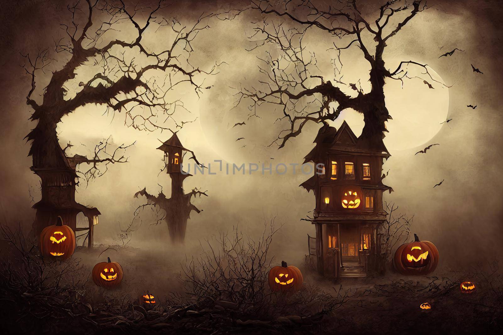 halloween pumpkins in night. High quality 3d illustration