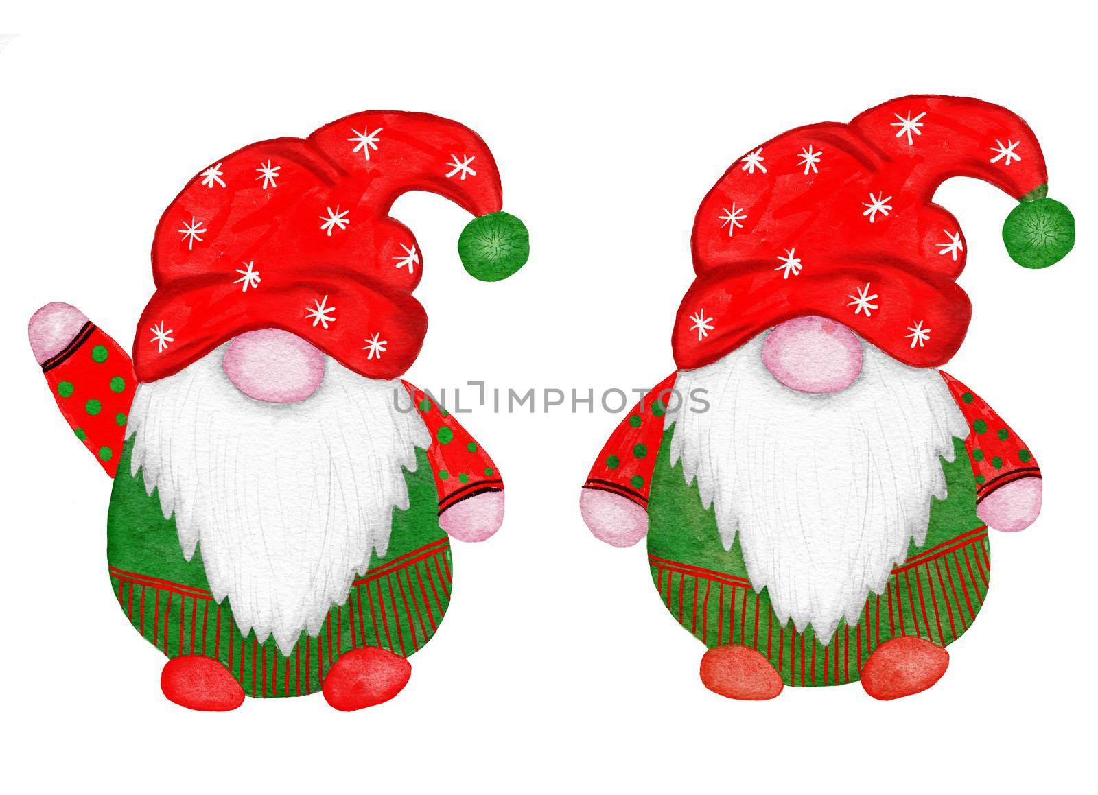 Watercolor hand drawn nordic scandinavian gnomes for christmas decor tree. New year illustration in green red cartoon style. Funny winter character north swedish elf in hat beard. Greeting card fabric