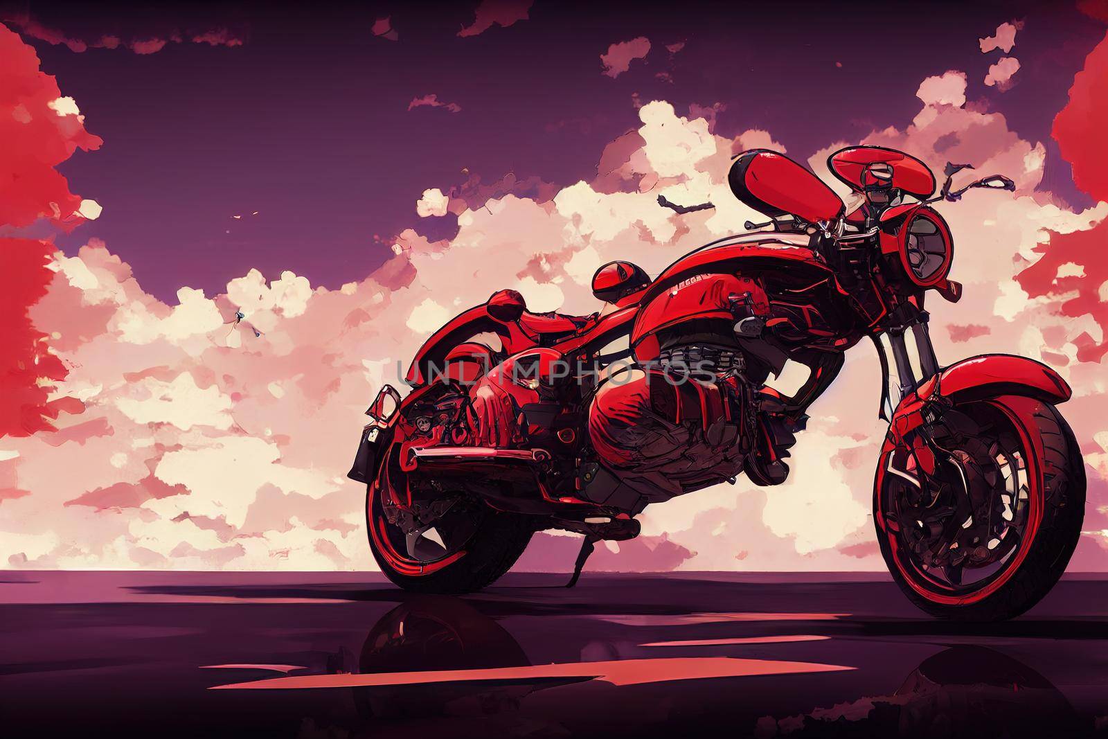 red anime motorcycle with anime clouds background by 2ragon