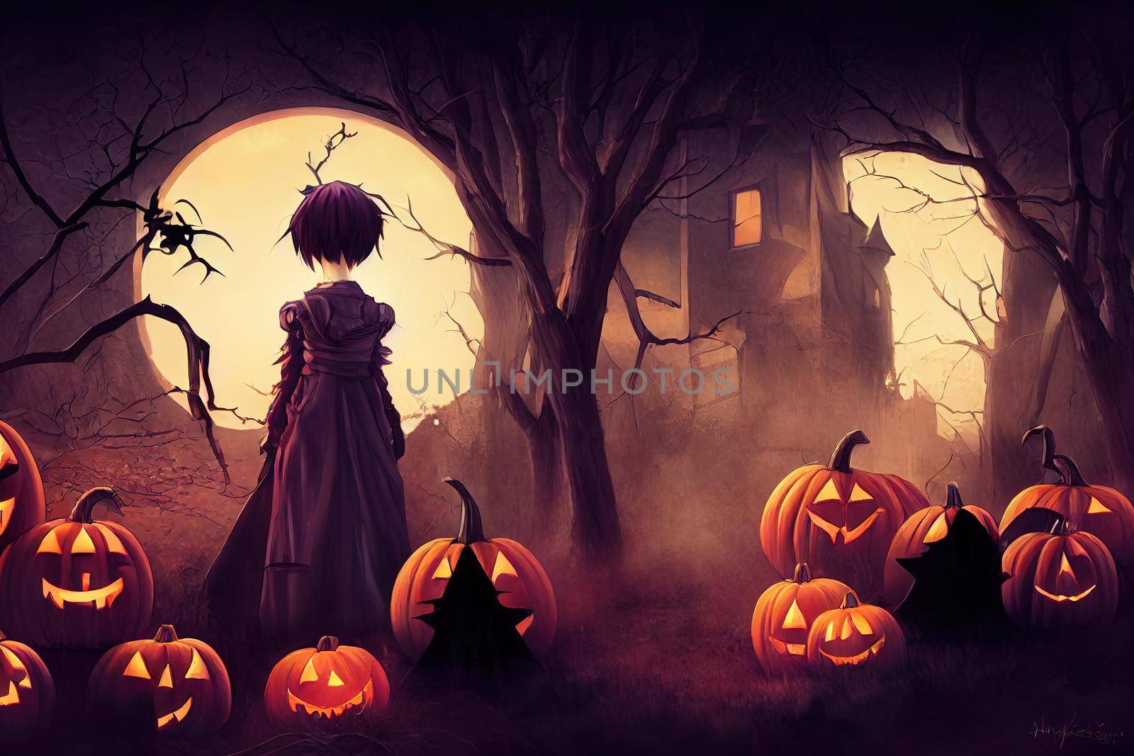 a little girl in dark halloween forest with spooky pumpkins. High quality 3d illustration