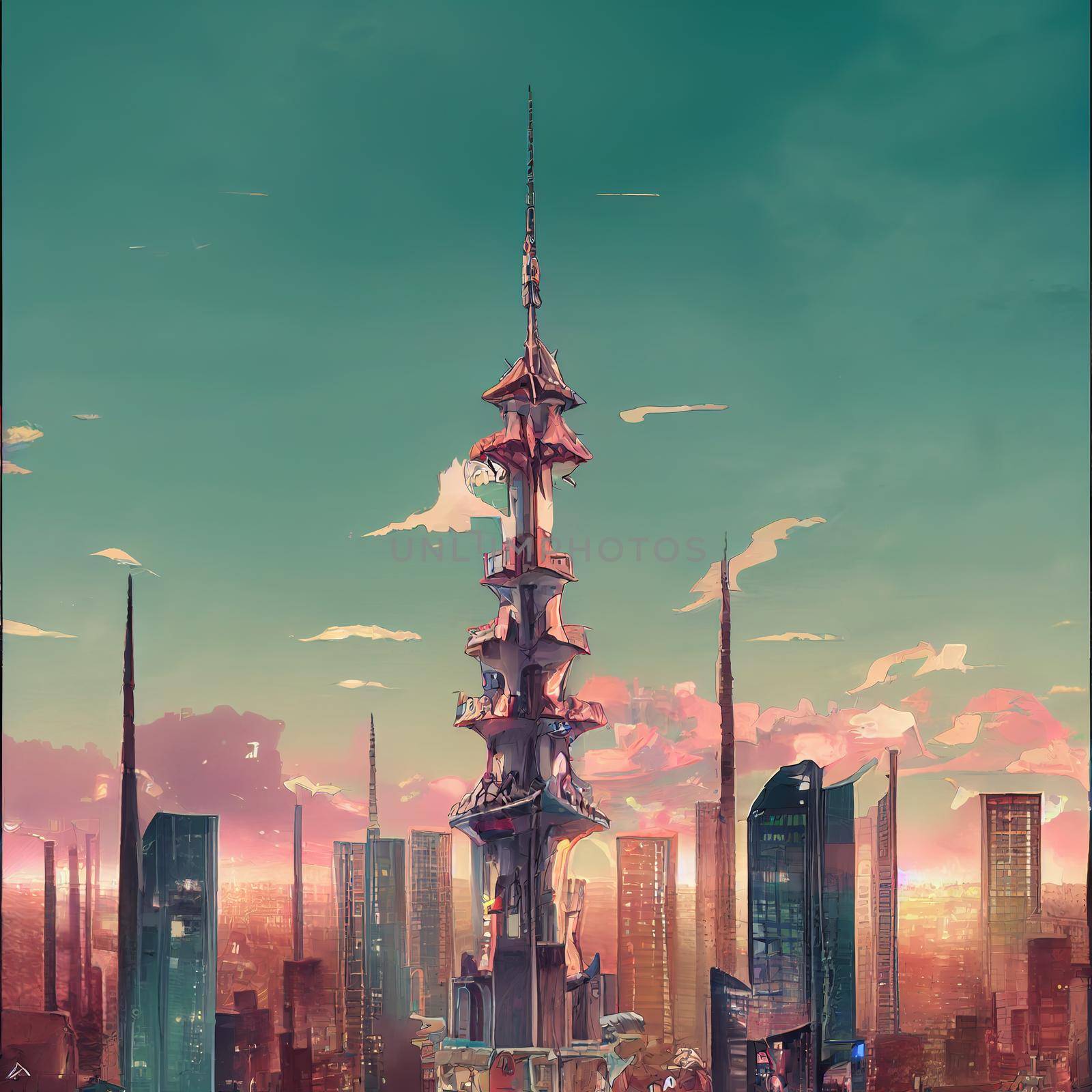 anime style city with futuristic skycrappers. High quality 3d illustration