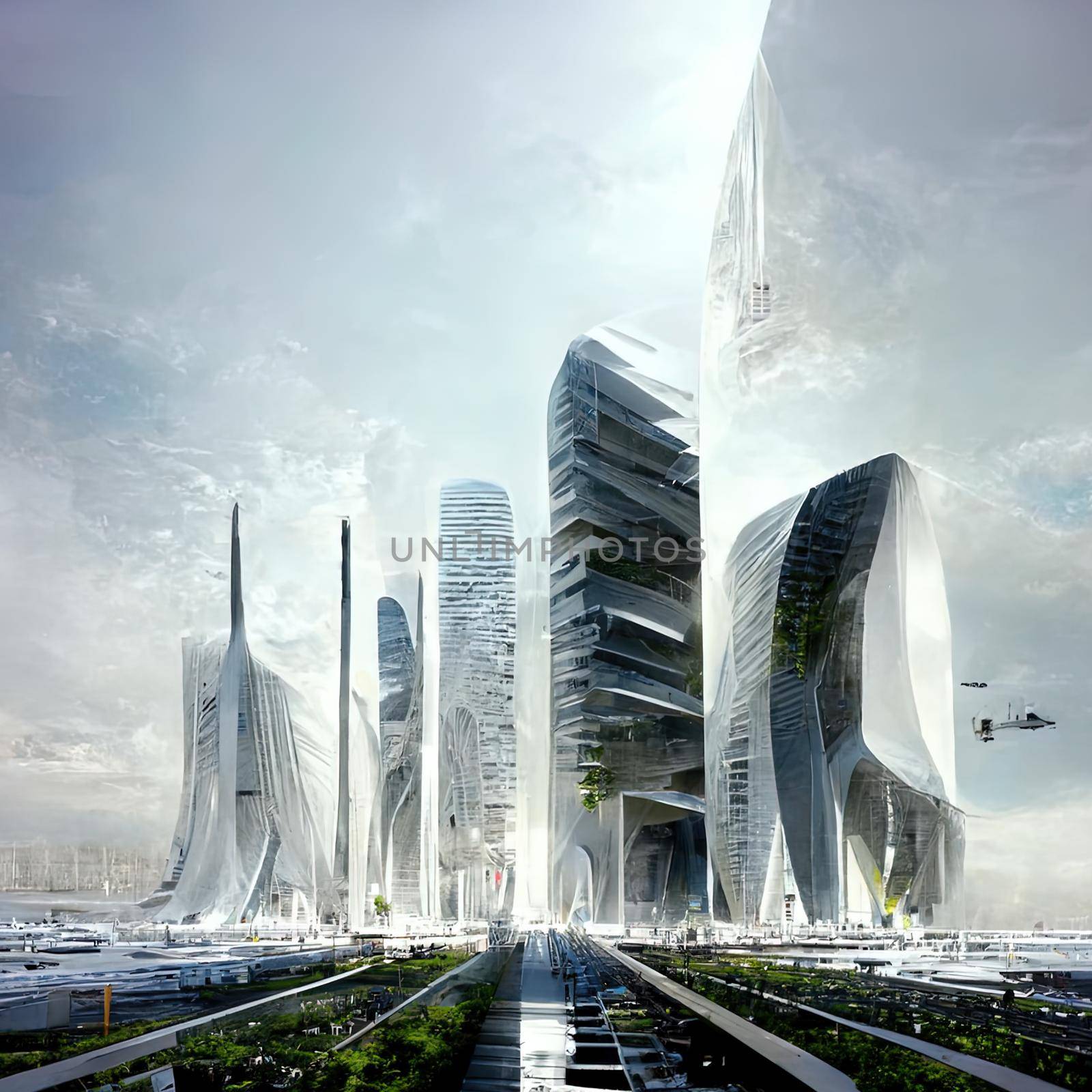 Techno mega city, urban and futuristic technology concepts, original 3d rendering, clean white look. High quality 3d illustration