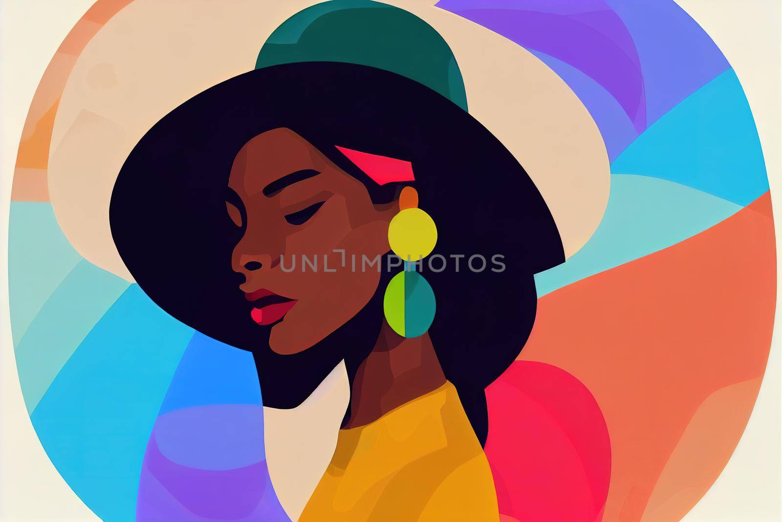 young black woman wearing earrings and a hat, colorfull illustration by 2ragon