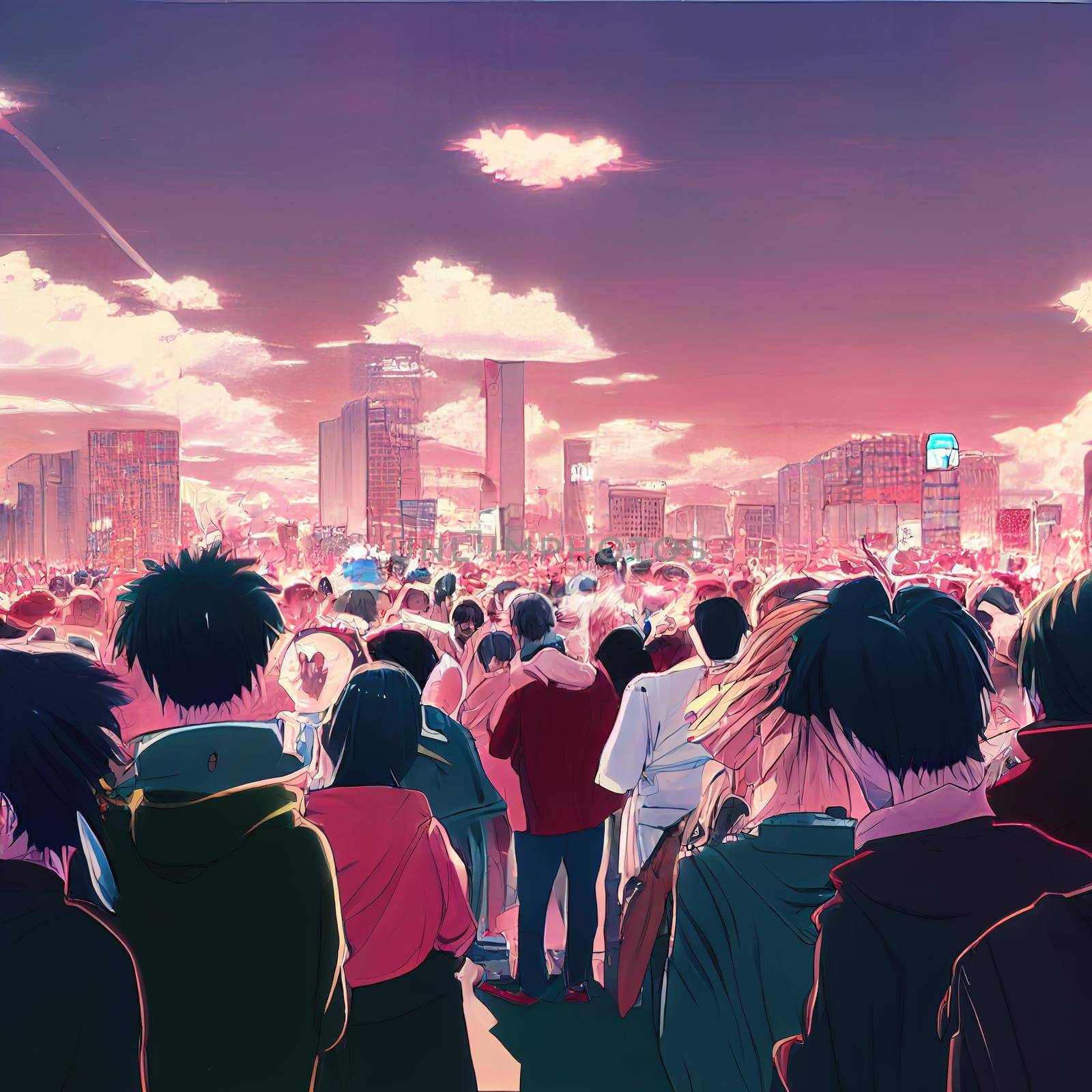 crowds in pink city anime style by 2ragon