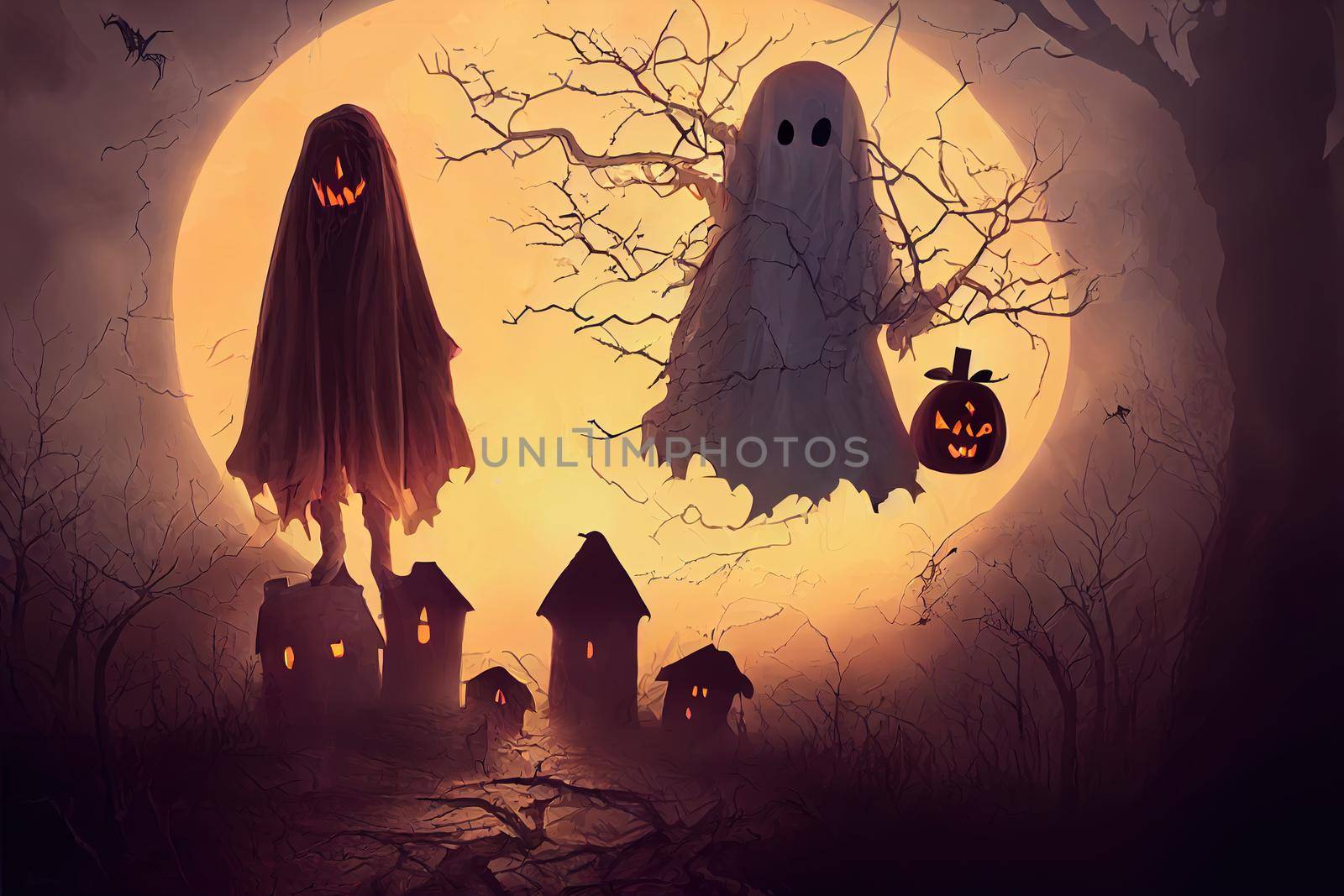 two scary ghosts in halloween night. High quality 3d illustration