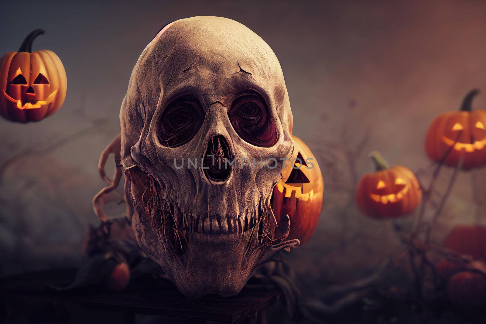 scary halloween skeleton with pumpkins by 2ragon