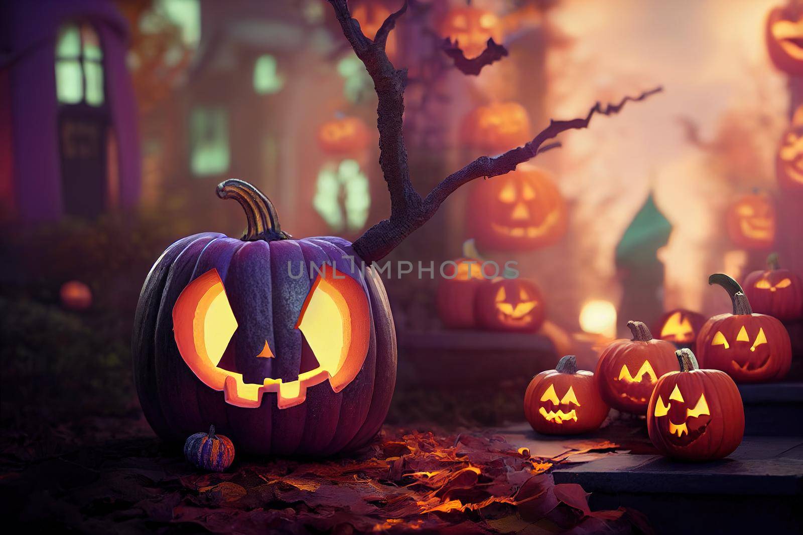 Spooky Halloween Pumpkin with another little pumpkins. High quality 3d illustration