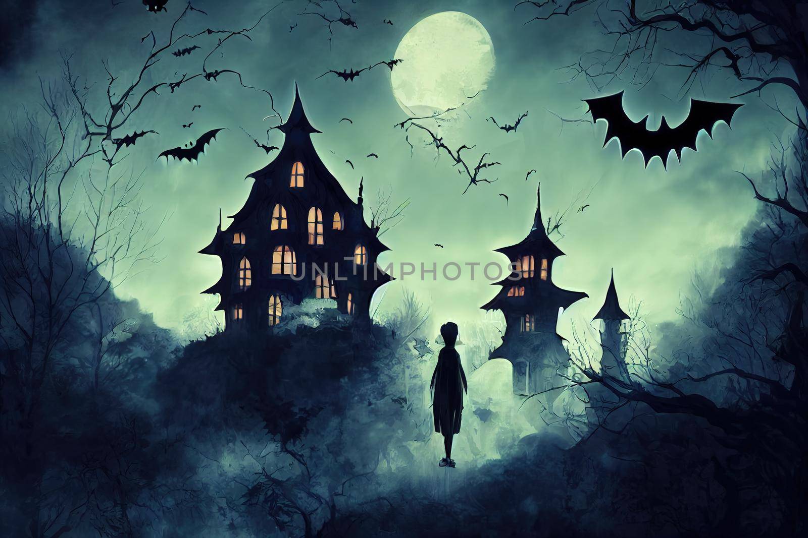 spooky human silhoulette in front of halloween castles with flying bats. High quality 3d illustration