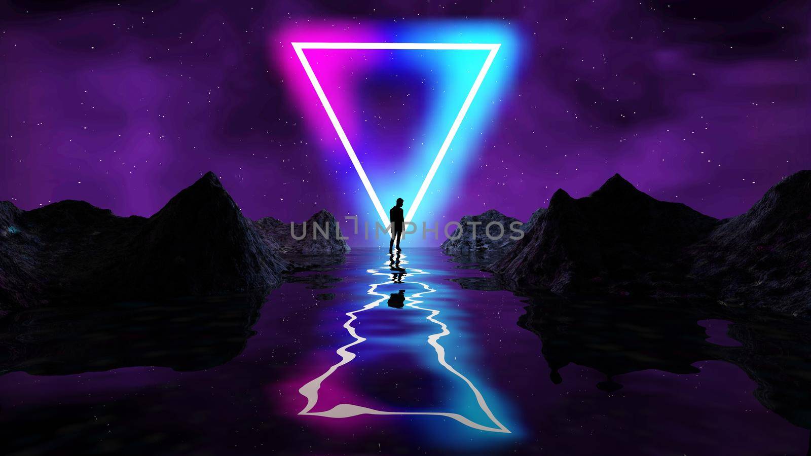 Retro futuristic background for game with man silhouette. Music 3d dance galaxy poster. 80s background disco. Neon triangle synthwave digital wireframe landscape by DmytroRazinkov