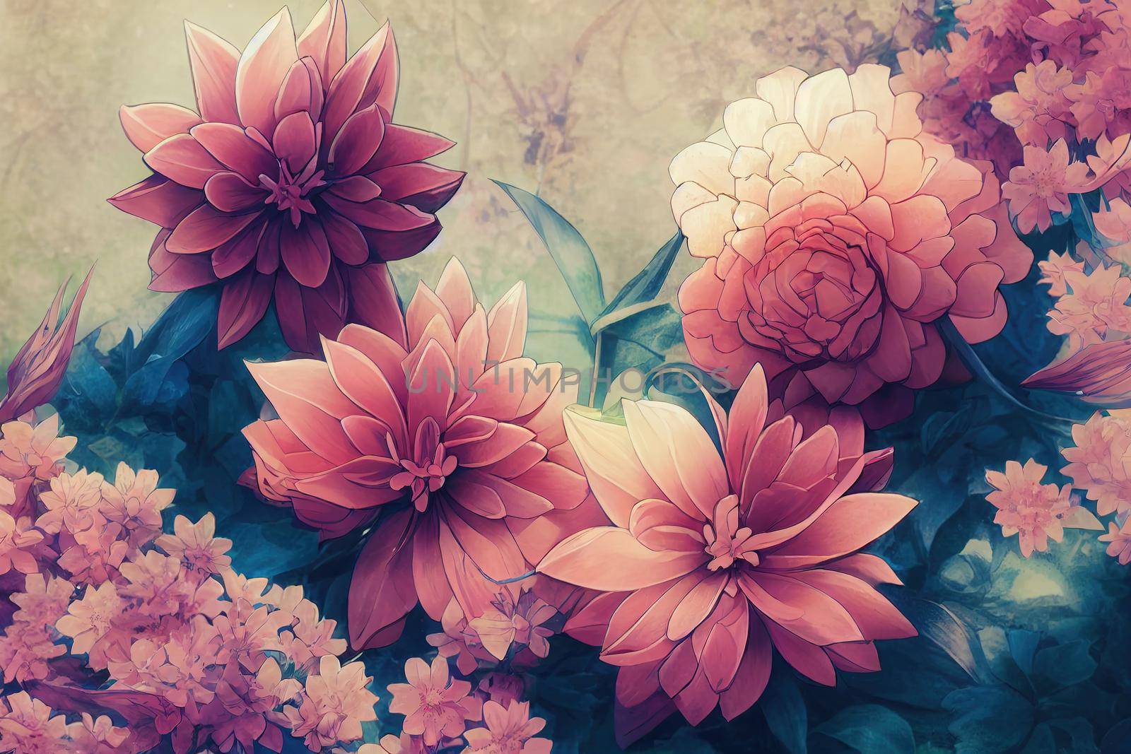 abstract pink flowers anime style. High quality 3d illustration