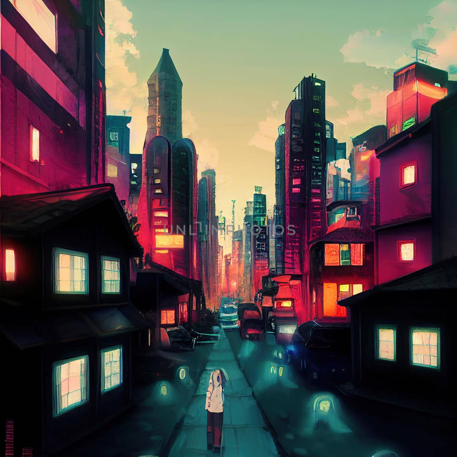 anime style drawing of street. High quality 3d illustration