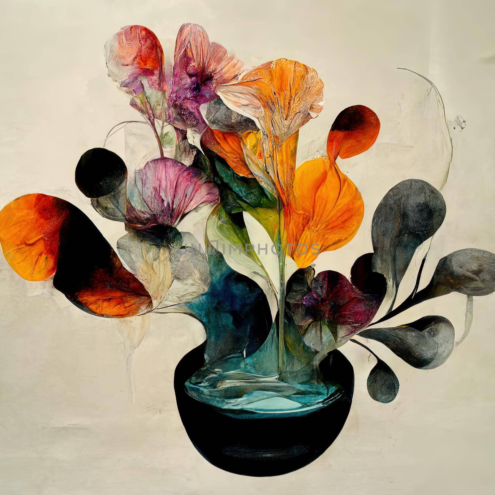Arrangement of flowers, liquid splashes and organic shapes. High quality 3d illustration
