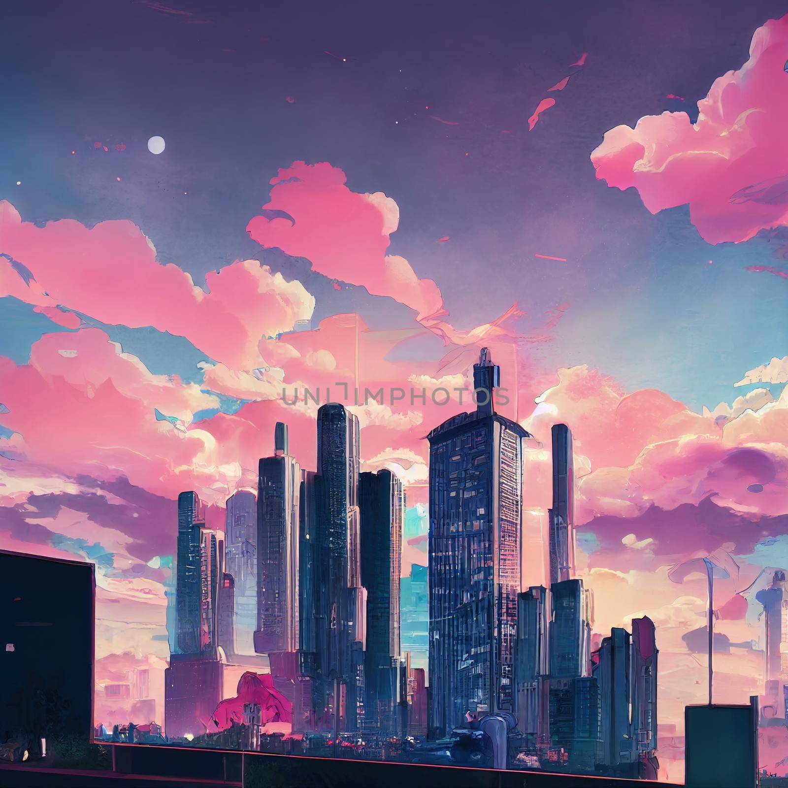 anime style city with pink clouds by 2ragon