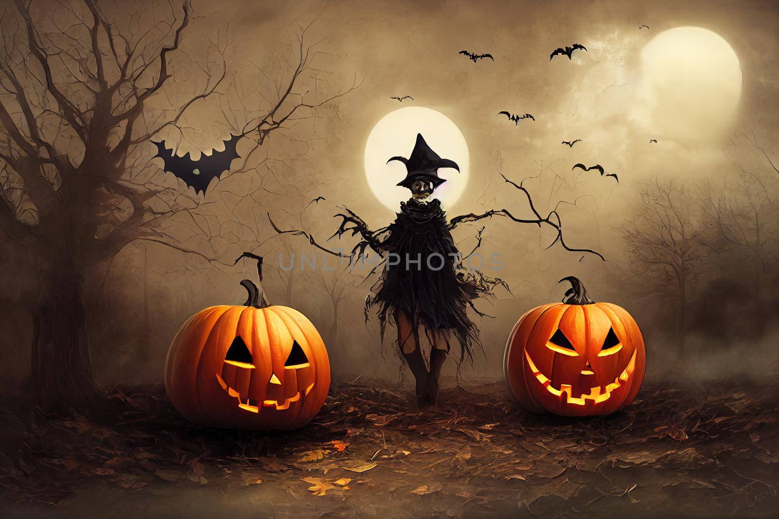 halloween pumpkins with witch and flying bats in grungy spooky halloween forest. High quality 3d illustration
