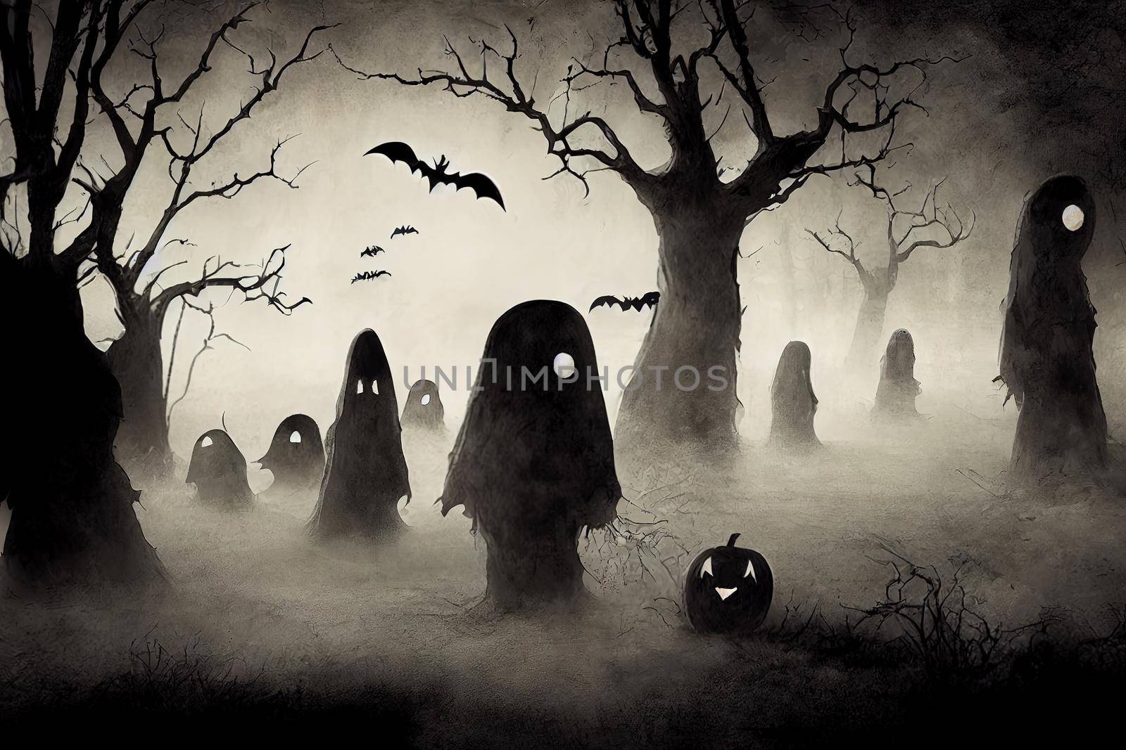 black and white illustration of halloween ghosts with pumpkins in dark forest. High quality 3d illustration