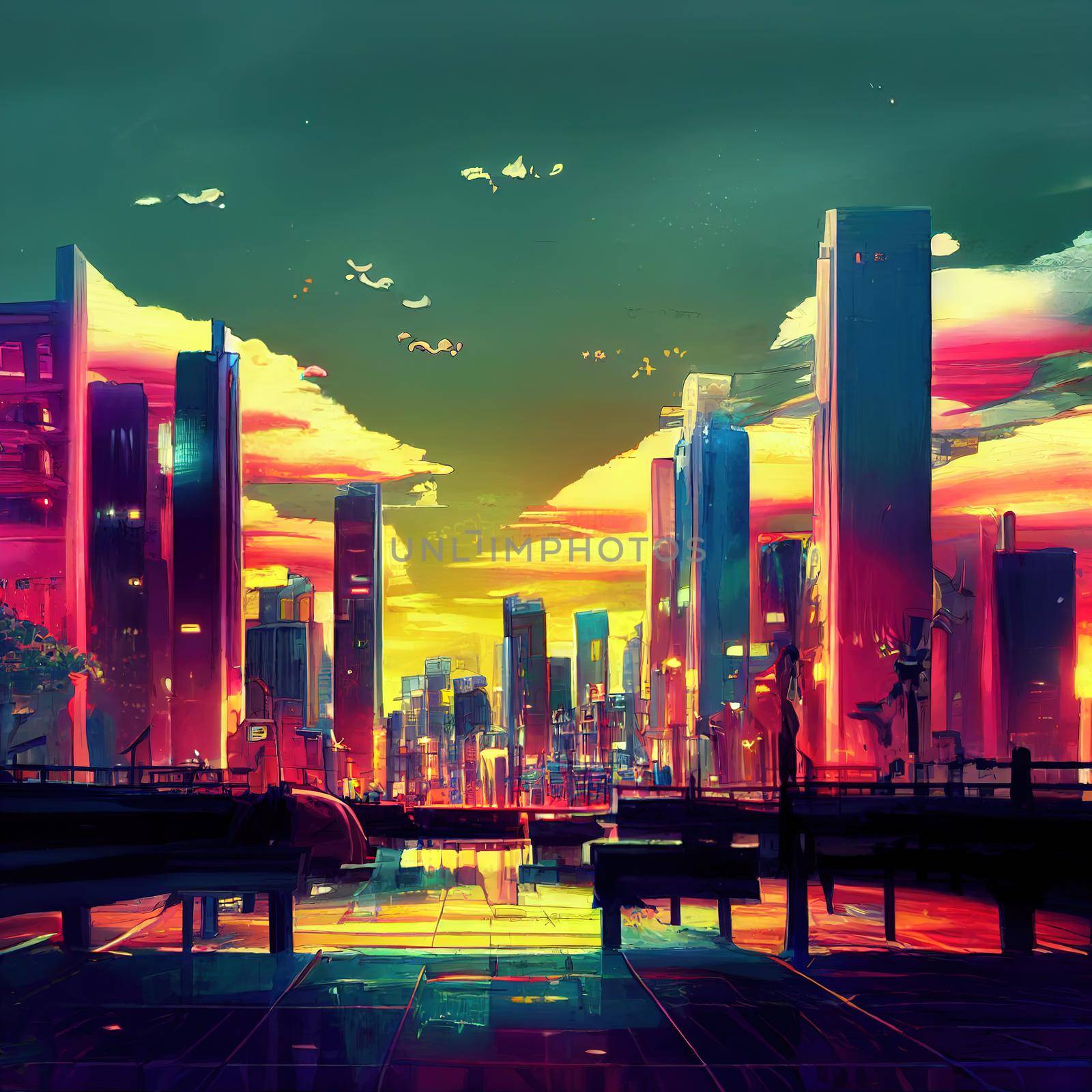 futuristic colorfull neon 2d buildings. High quality 3d illustration