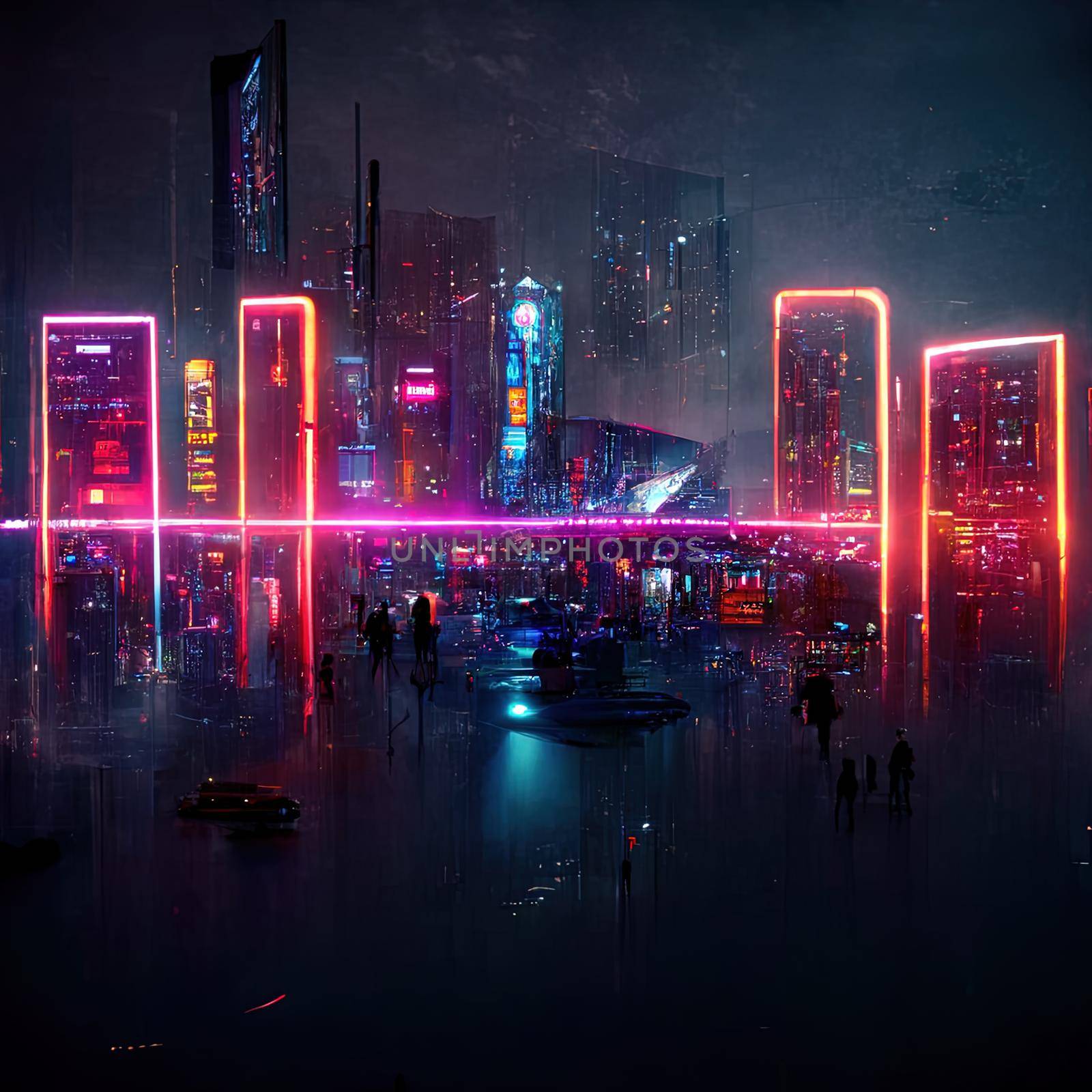 Futuristic metaverse city concept with glowing neon lights , dark, night time. High quality 3d illustration