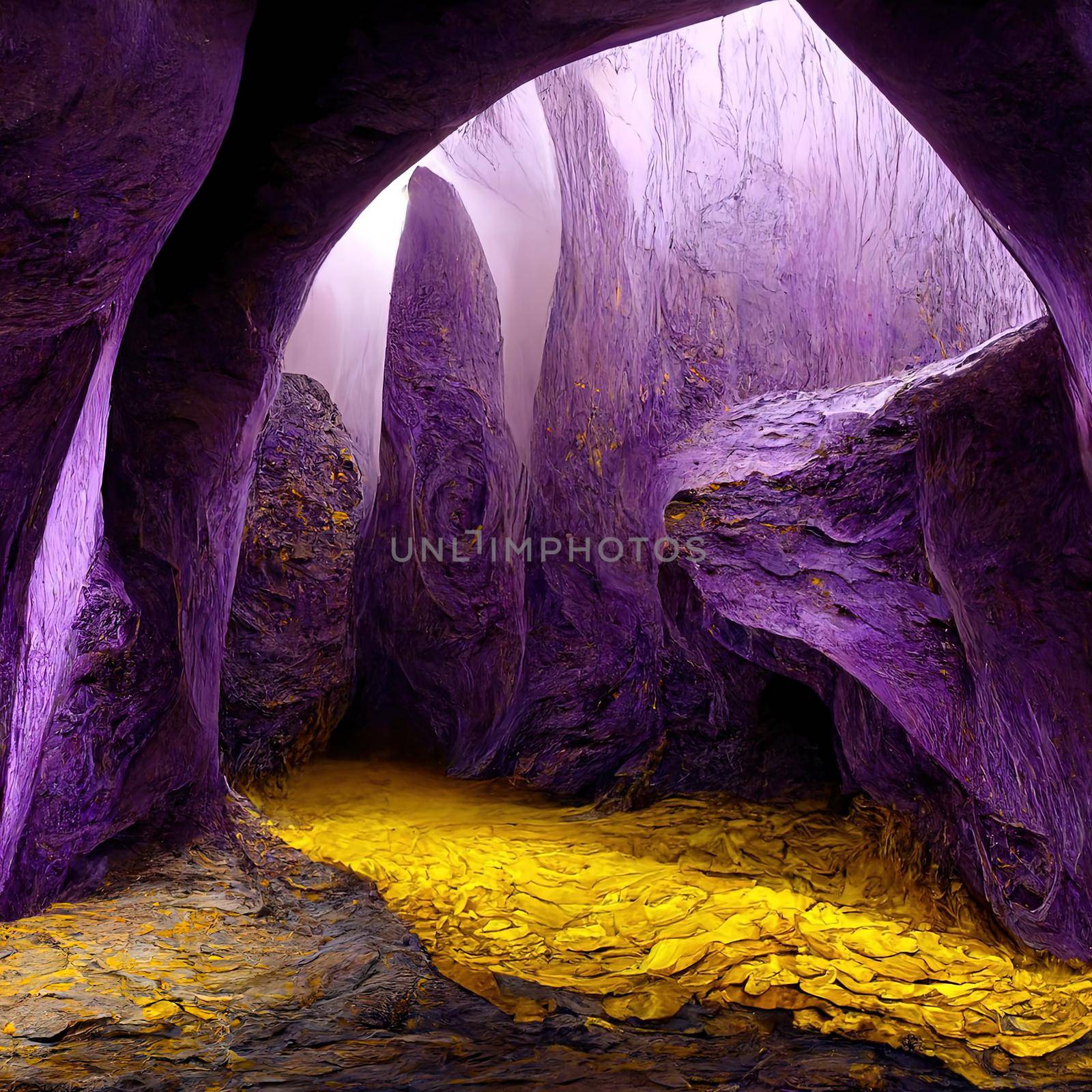 3D Rendered Cave with Yellow and Purple Undulating Forms by 2ragon