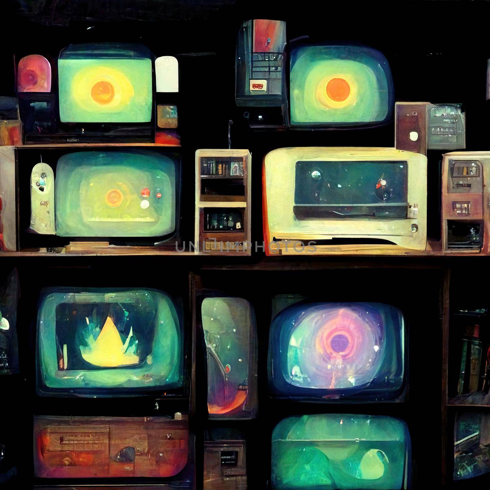 video artist wizard with old TVs. High quality illustration