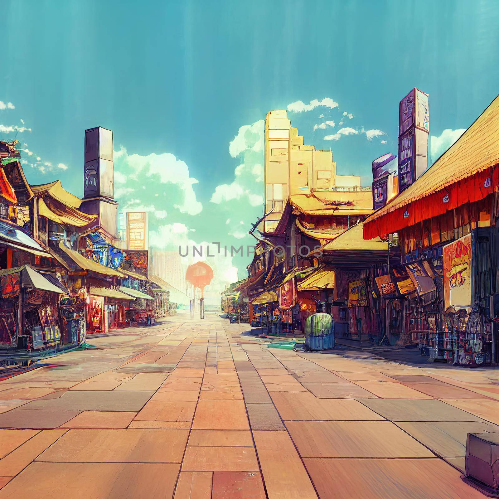 2d drawing illustrations of shops in anime style city. High quality 3d illustration