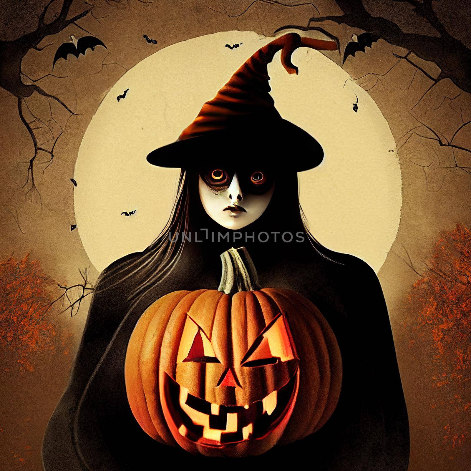 halloween witch orange pumpkin in hand, scary grungy style illustration. High quality 3d illustration