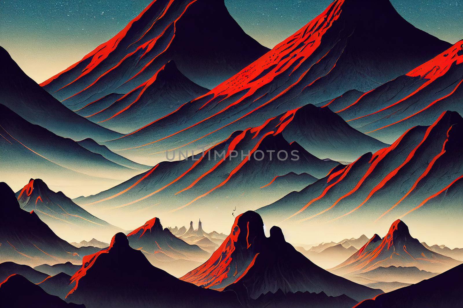 Toon style digital illustration of Mountains. High quality 3d illustration