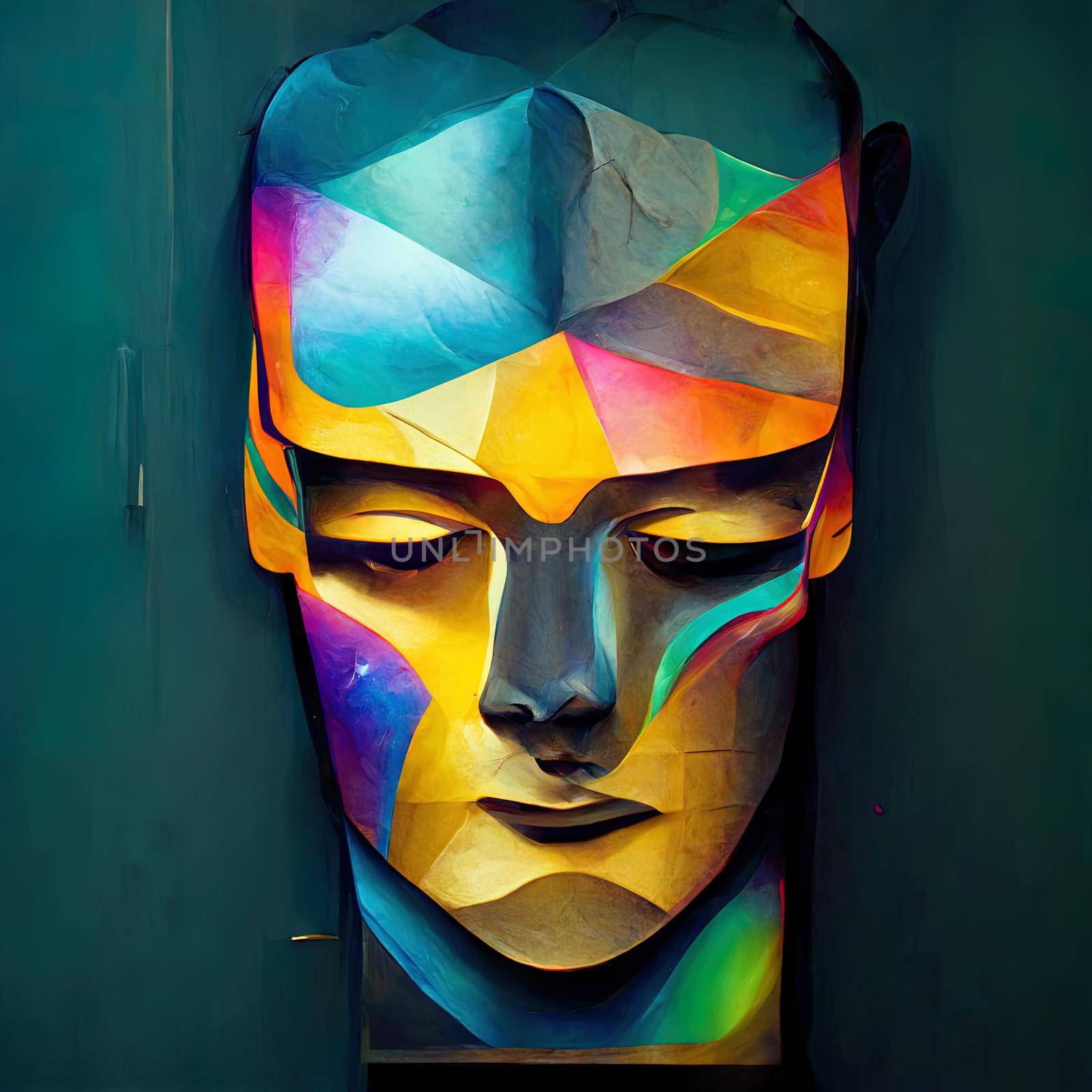 Abstract 3D render illustration of holographic human face in the wall by 2ragon