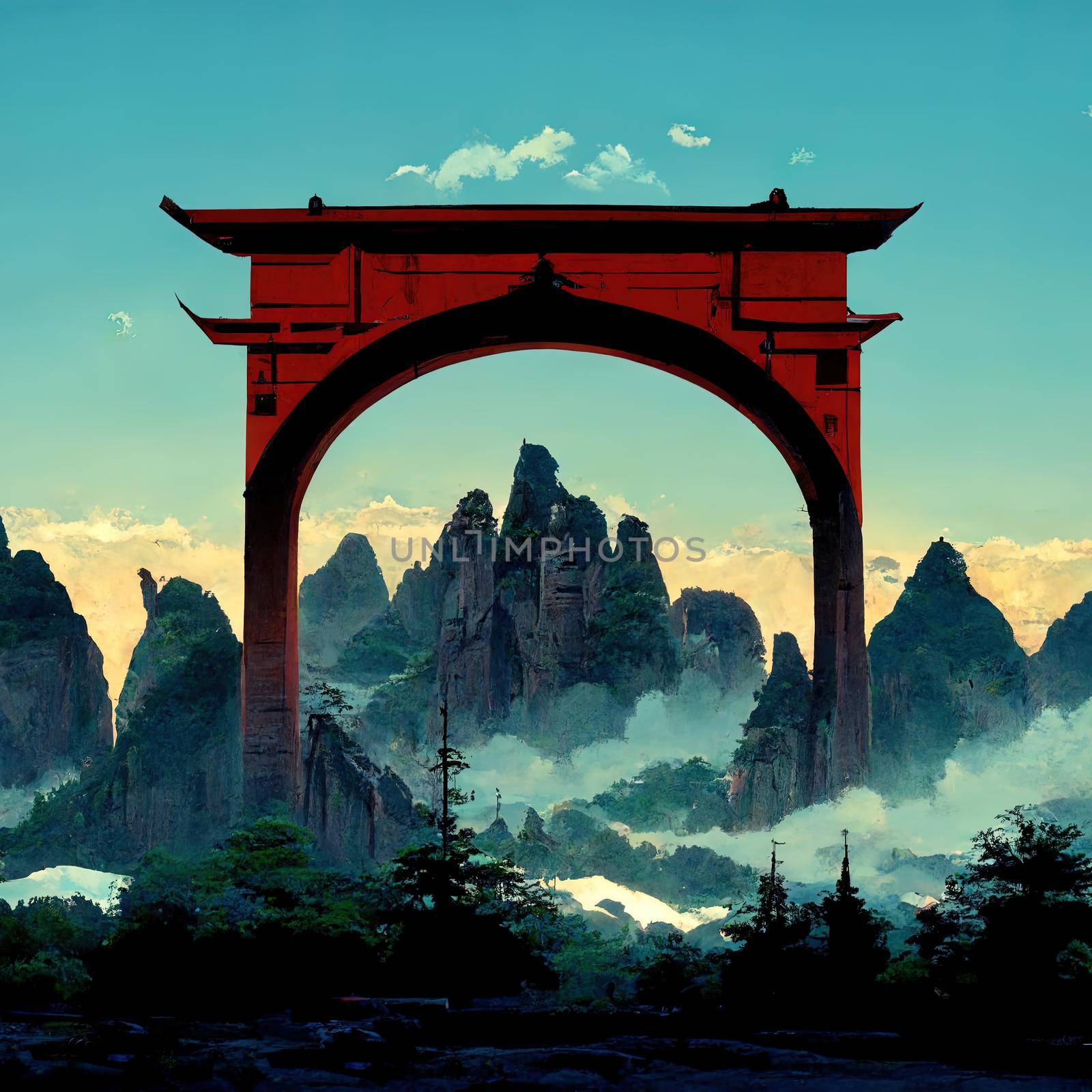 Chinese arch against the background of mountains anime. High quality illustration